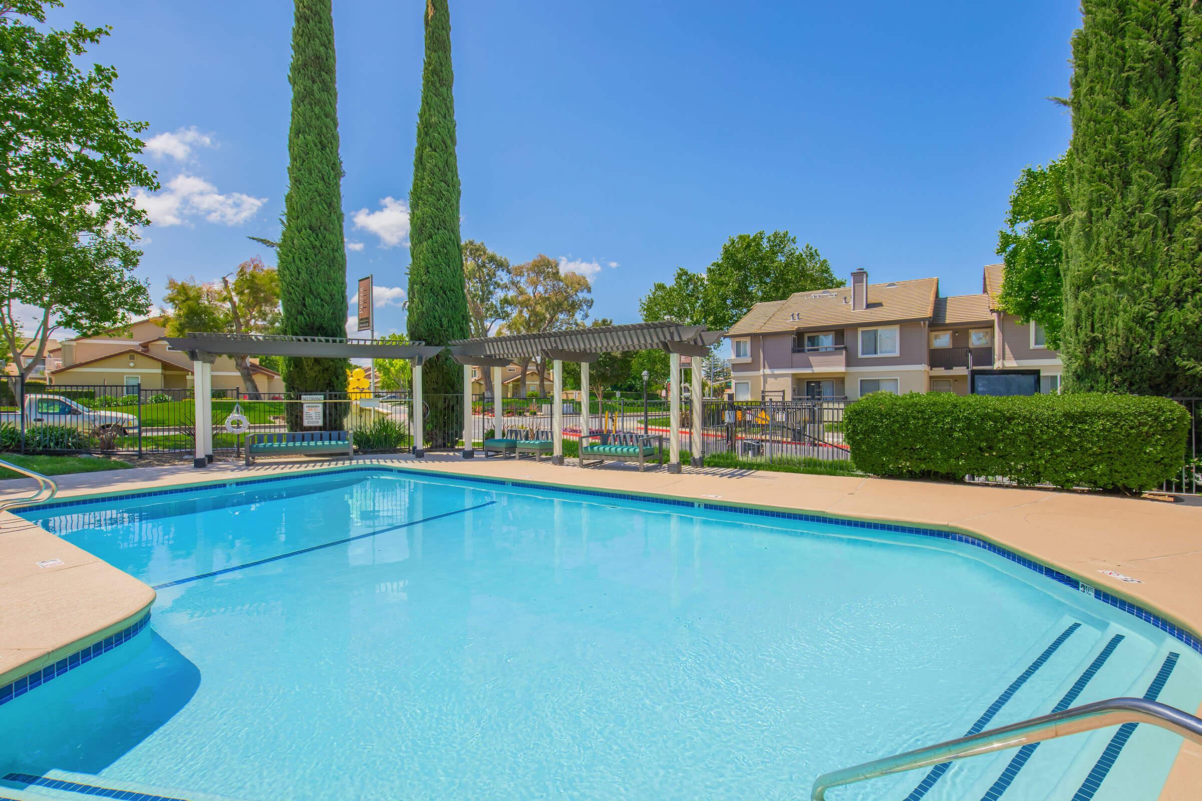 A clear blue swimming pool surrounded by green trees and shrubs, with a pergola and lounge area nearby. The sky is bright and sunny, and residential buildings are visible in the background.