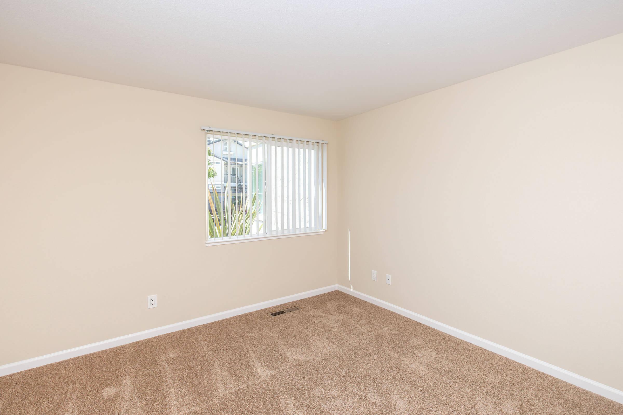 Empty room with beige walls and carpeted floor. A window with vertical blinds lets in natural light, revealing greenery outside. The space is unfurnished, providing a blank canvas for decoration or furniture arrangement.
