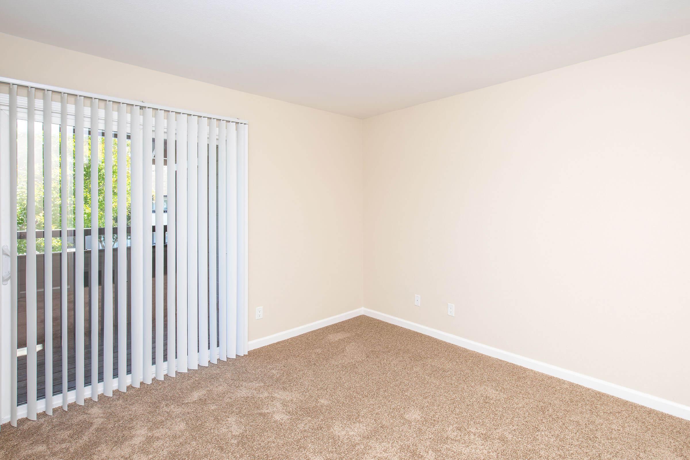Empty interior room featuring beige walls and light brown carpet. A set of vertical blinds covers a sliding glass door that leads to a balcony. The room has a bright, airy feel with natural light streaming in.