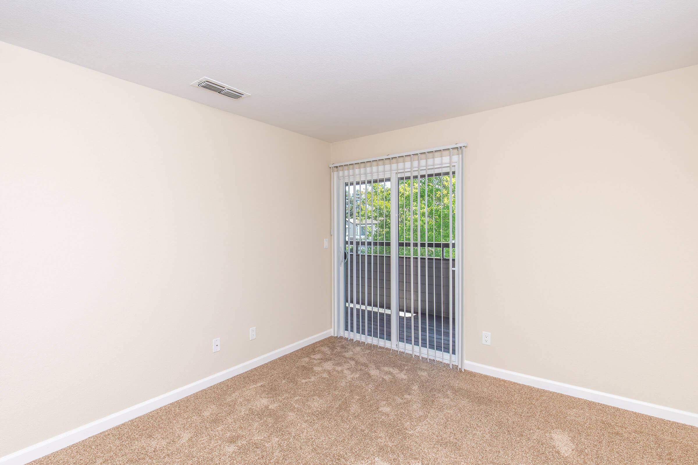 Empty room with light beige walls and tan carpeting, featuring vertical blinds over a sliding glass door that opens to a balcony or patio. Natural light streams in from outside, highlighting the spaciousness of the room.