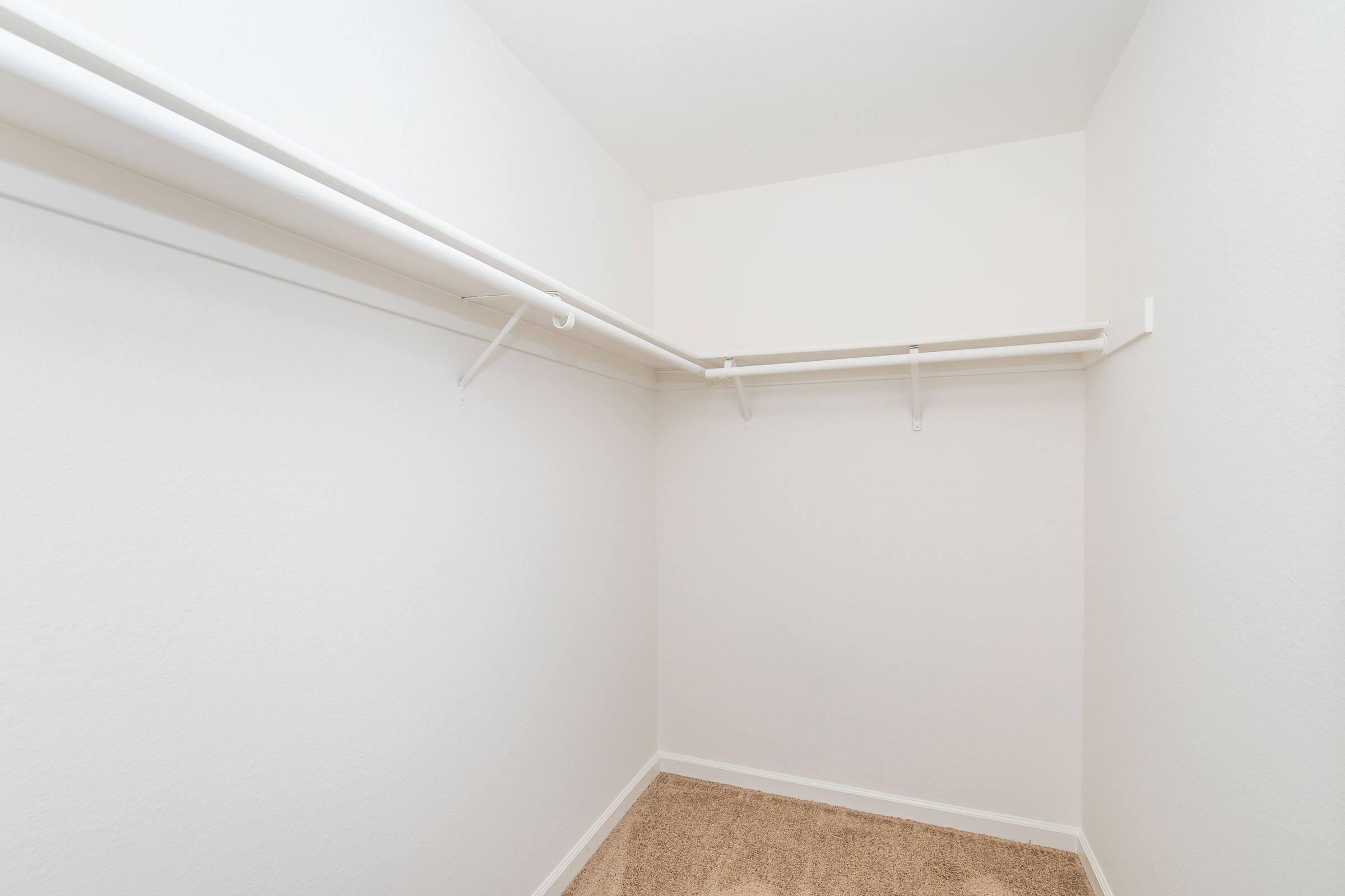 A spacious, empty walk-in closet with light beige carpet and white walls. It features two horizontal rods for hanging clothes and lacks any shelves or storage items, creating a clean and minimalistic appearance.