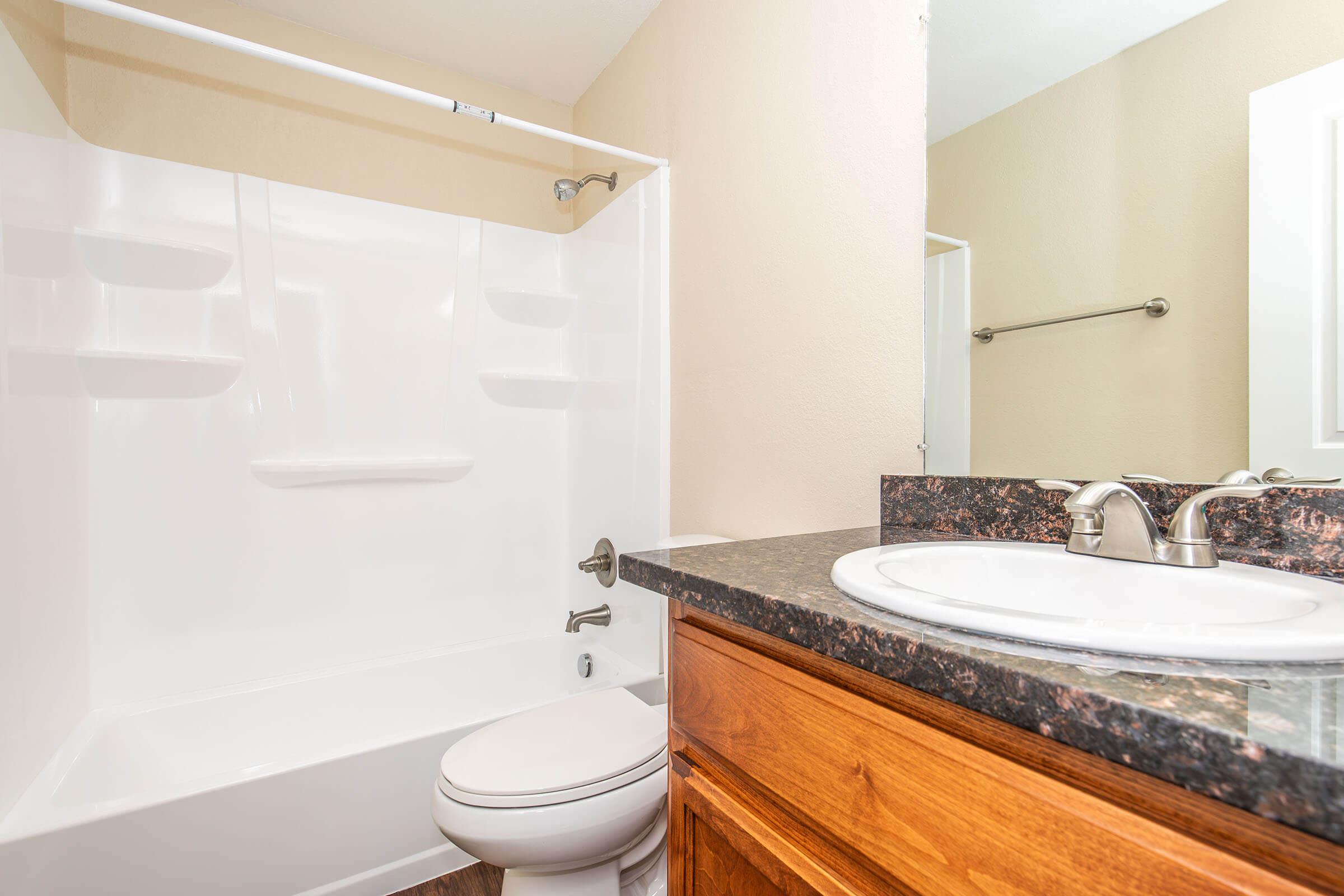 A clean, modern bathroom featuring a white bathtub and shower, a dark granite countertop with a sink, and wooden cabinetry. The walls are a light beige color, and there is a towel bar mounted next to the mirror. The space is well-lit and organized.