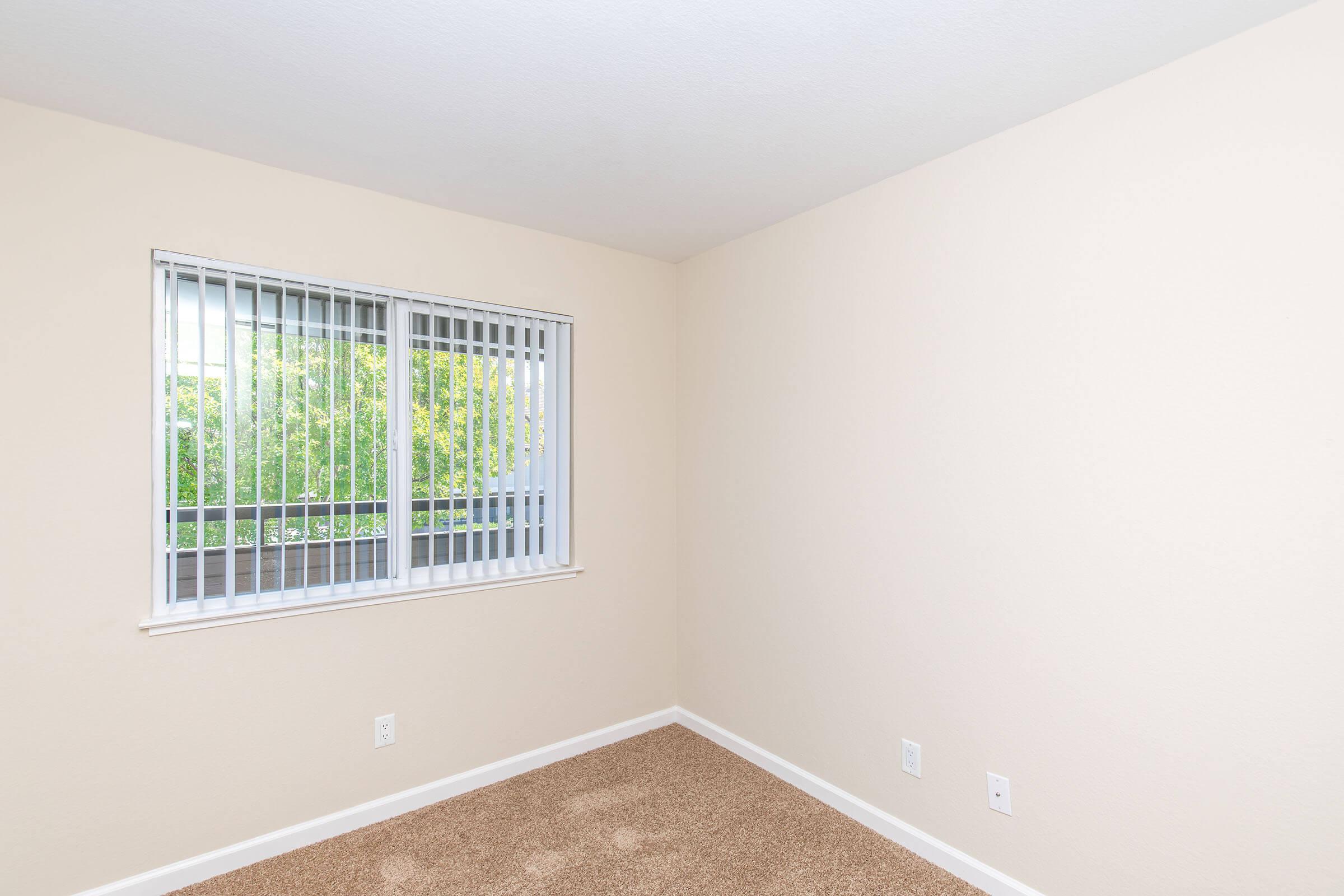 A clean, empty room with light beige walls and carpet. It features a window with white blinds, showing greenery outside. The space is well-lit and uncluttered, providing a simple, minimalist aesthetic.