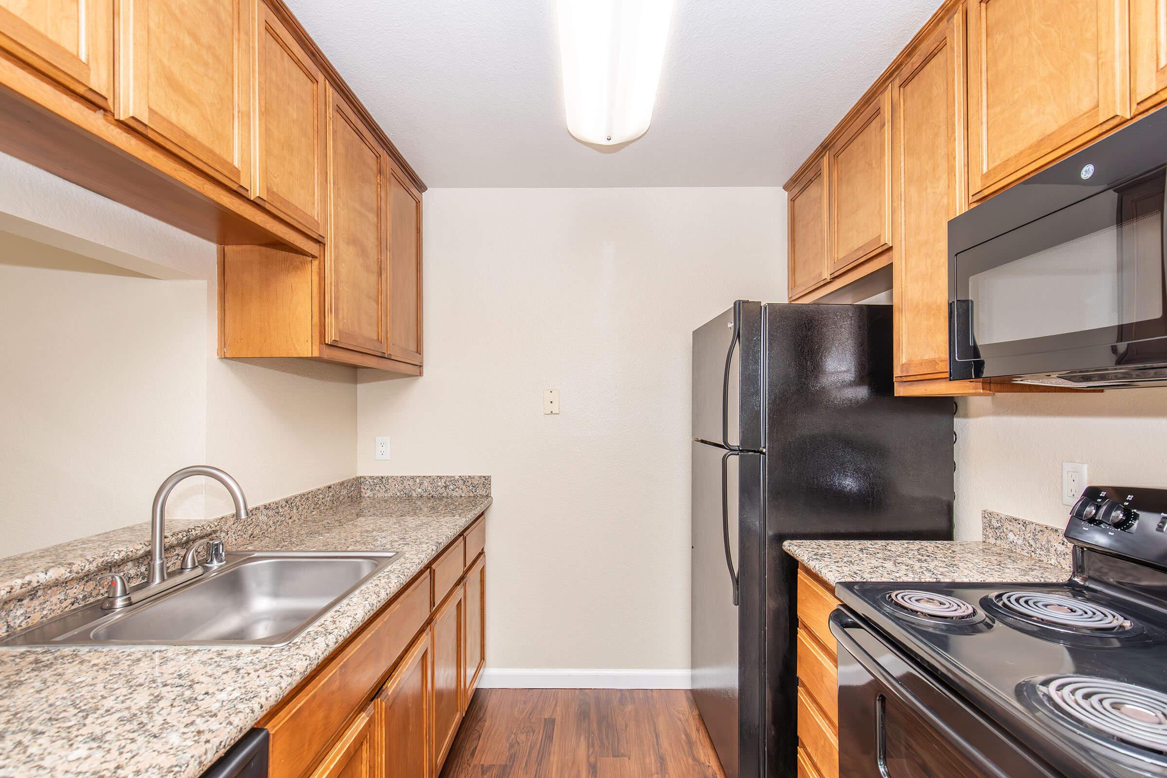 A modern kitchen featuring light wood cabinets, a double sink, granite countertops, a black refrigerator, and an electric stove with oven. The space is well-lit with a ceiling light, showcasing a clean and functional layout.