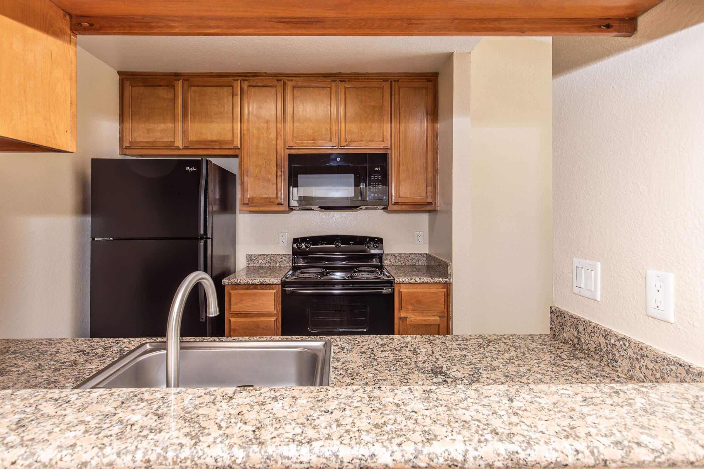 Modern kitchen with light brown wooden cabinets, a black refrigerator, built-in microwave, and a gas stove. The countertop is made of speckled granite, and there's a stainless steel sink with a faucet. The kitchen design is open, providing a view from an adjacent room.