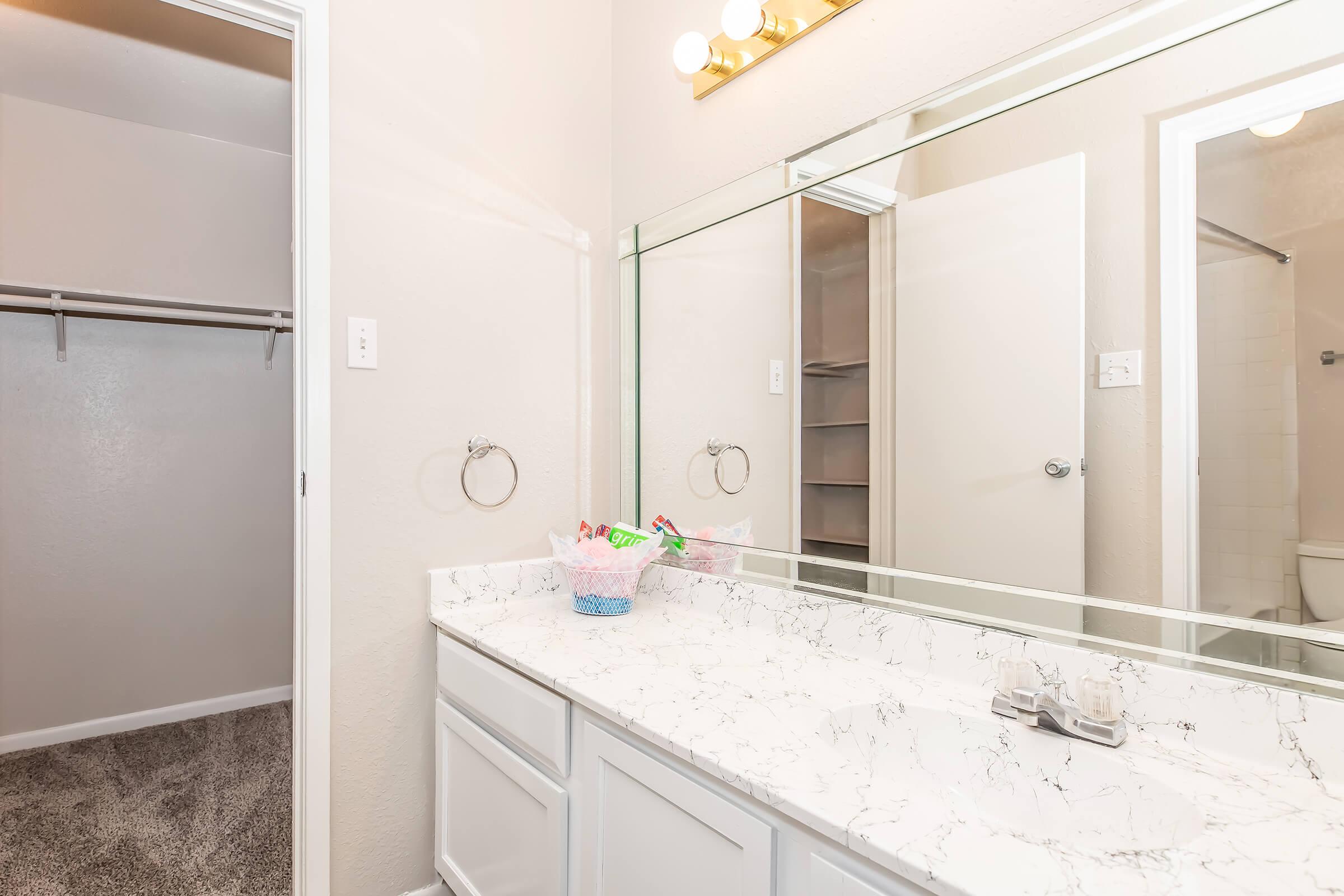 A bright bathroom featuring a double sink marble countertop with a large mirror above. On the left, a walk-in closet is partially visible, and the wall is painted in a light color, giving the space a clean and spacious feel. The flooring is covered with plush carpet.
