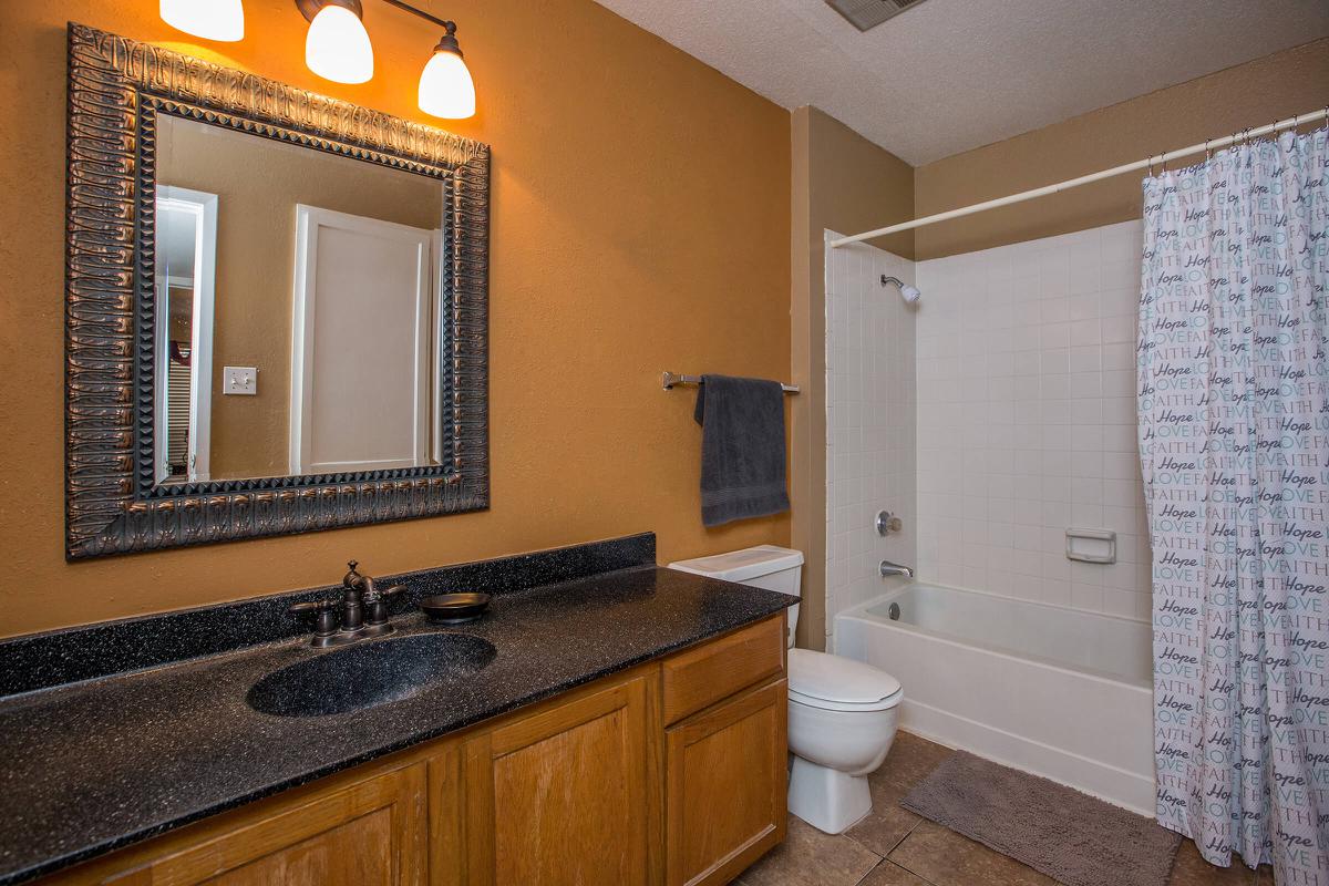 a room with a sink and a mirror