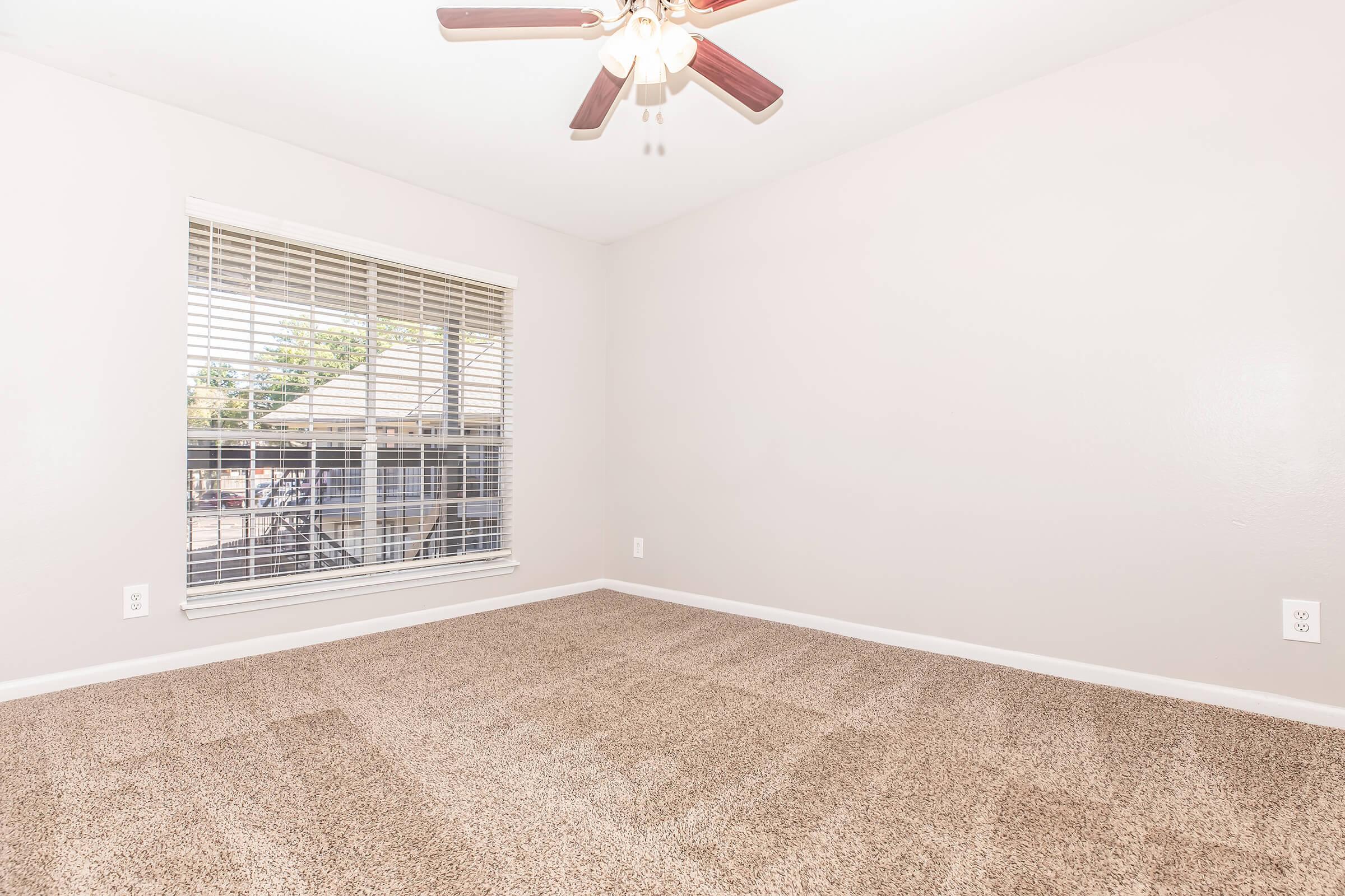 A bright, vacant room featuring light gray walls and a ceiling fan. The floor is covered in plush beige carpet. A window with white blinds lets in natural light, showing a glimpse of the outside, while the room remains unfurnished, conveying a clean and spacious feel.