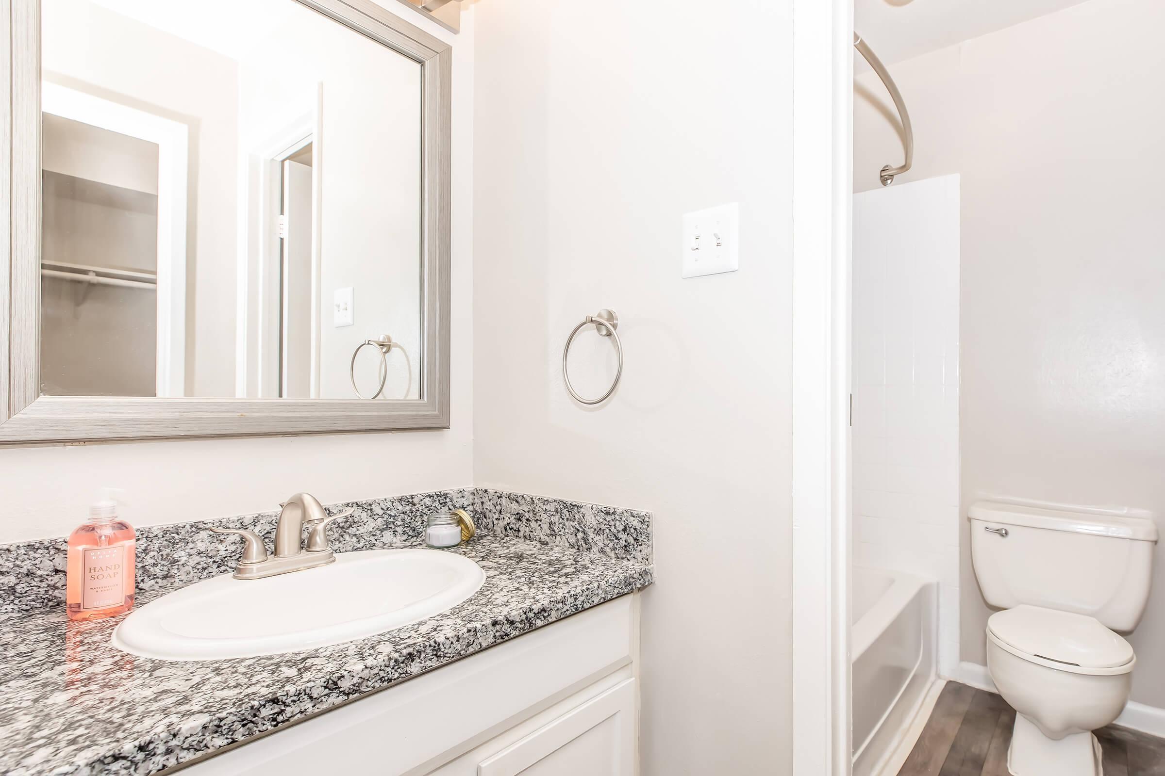 Brightly lit bathroom featuring a white sink with a granite countertop, a mirror above it, and a soap dispenser. To the right, a shower cubicle is visible, while a toilet is positioned against the far wall. Light-colored walls and flooring enhance the spacious feel of the room.
