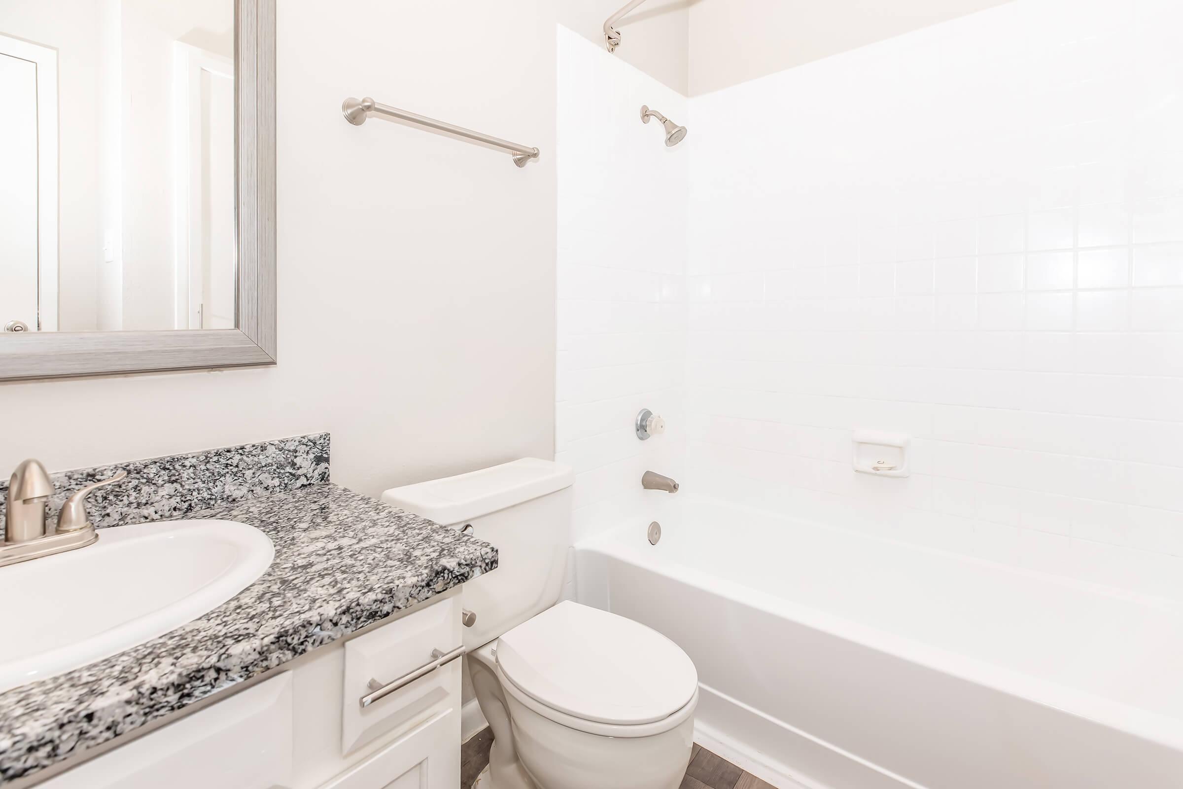 A clean and modern bathroom featuring a white tiled shower and bathtub, a granite countertop with a sink, and a toilet. The walls are painted light and there is a large mirror above the sink. Towel bars are mounted on the wall, and the floor has a neutral tone.