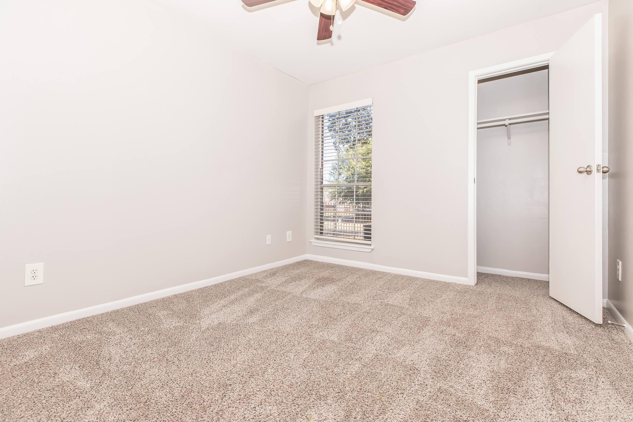 A clean, empty bedroom with light gray walls and plush carpeting. It features a ceiling fan, a window with blinds allowing natural light, and a closet with a door on the right. The overall atmosphere is bright and spacious, ideal for personalizing the space.