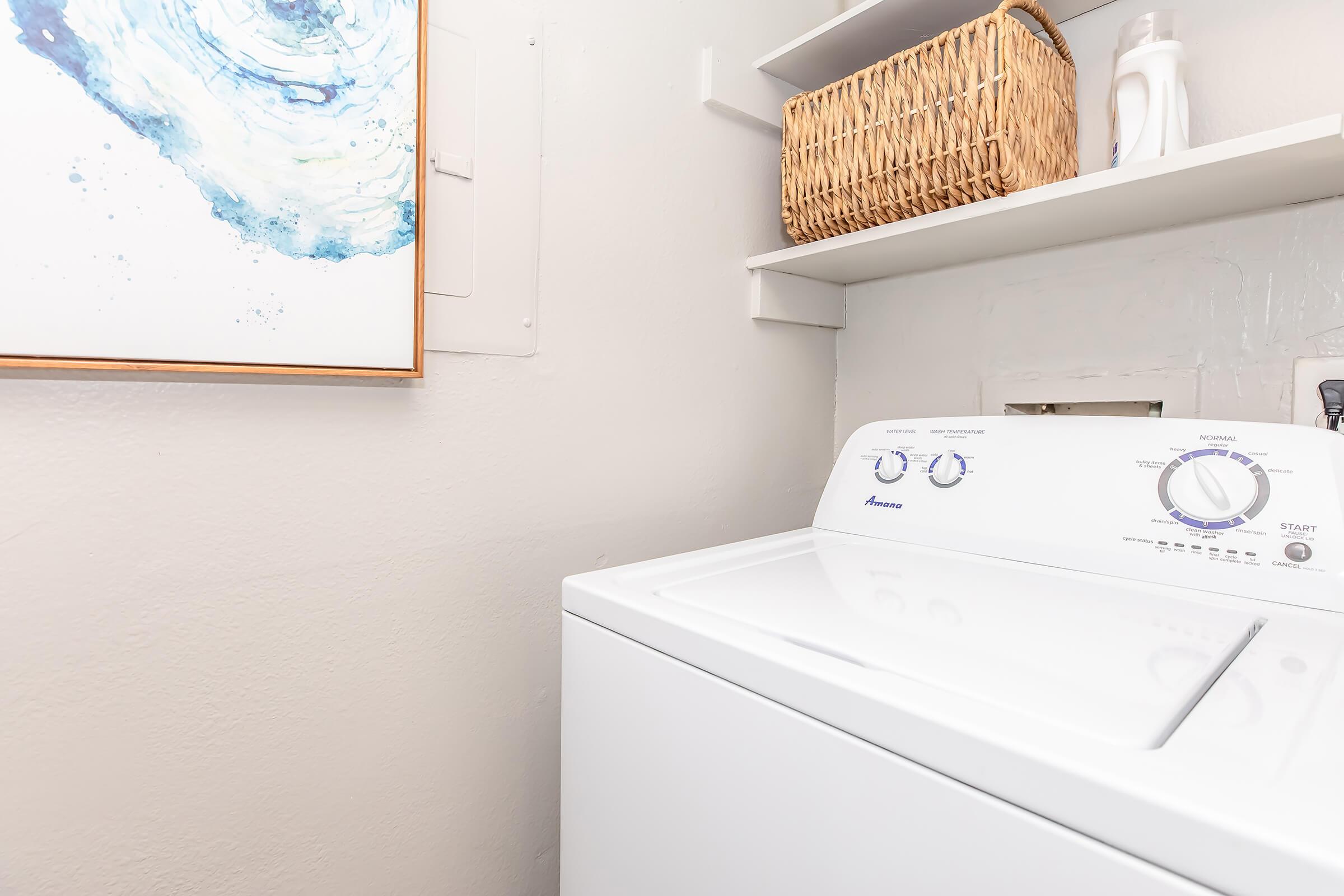 A clean laundry room featuring a white washing machine, a shelf with a woven basket, and some laundry detergent. The wall has a piece of abstract art with blue and white swirls. The overall space is well-organized and bright.