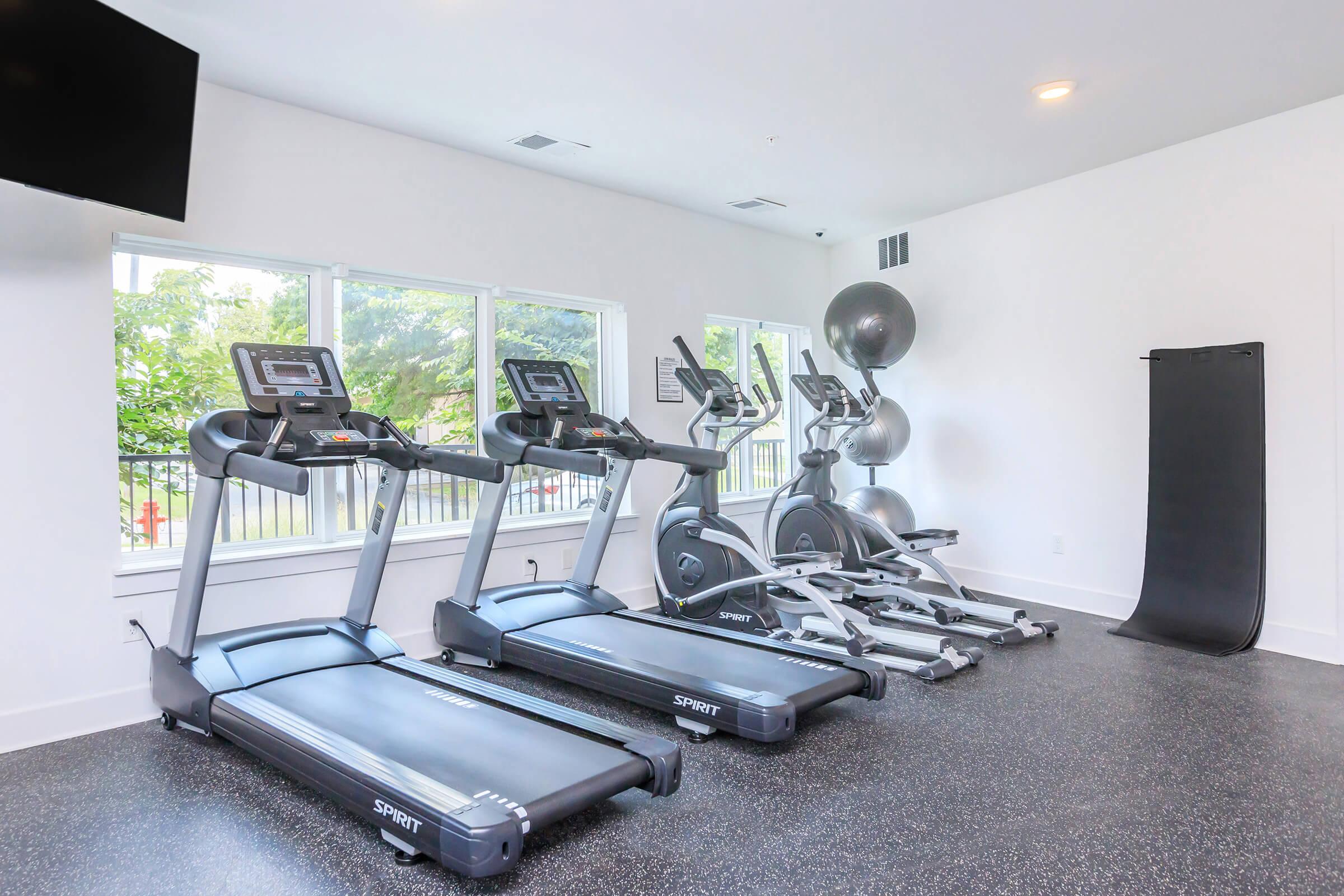 A modern fitness room featuring three treadmills, an elliptical machine, exercise balls, and a yoga mat. Bright windows provide natural light, illuminating the space with a clean and inviting atmosphere.