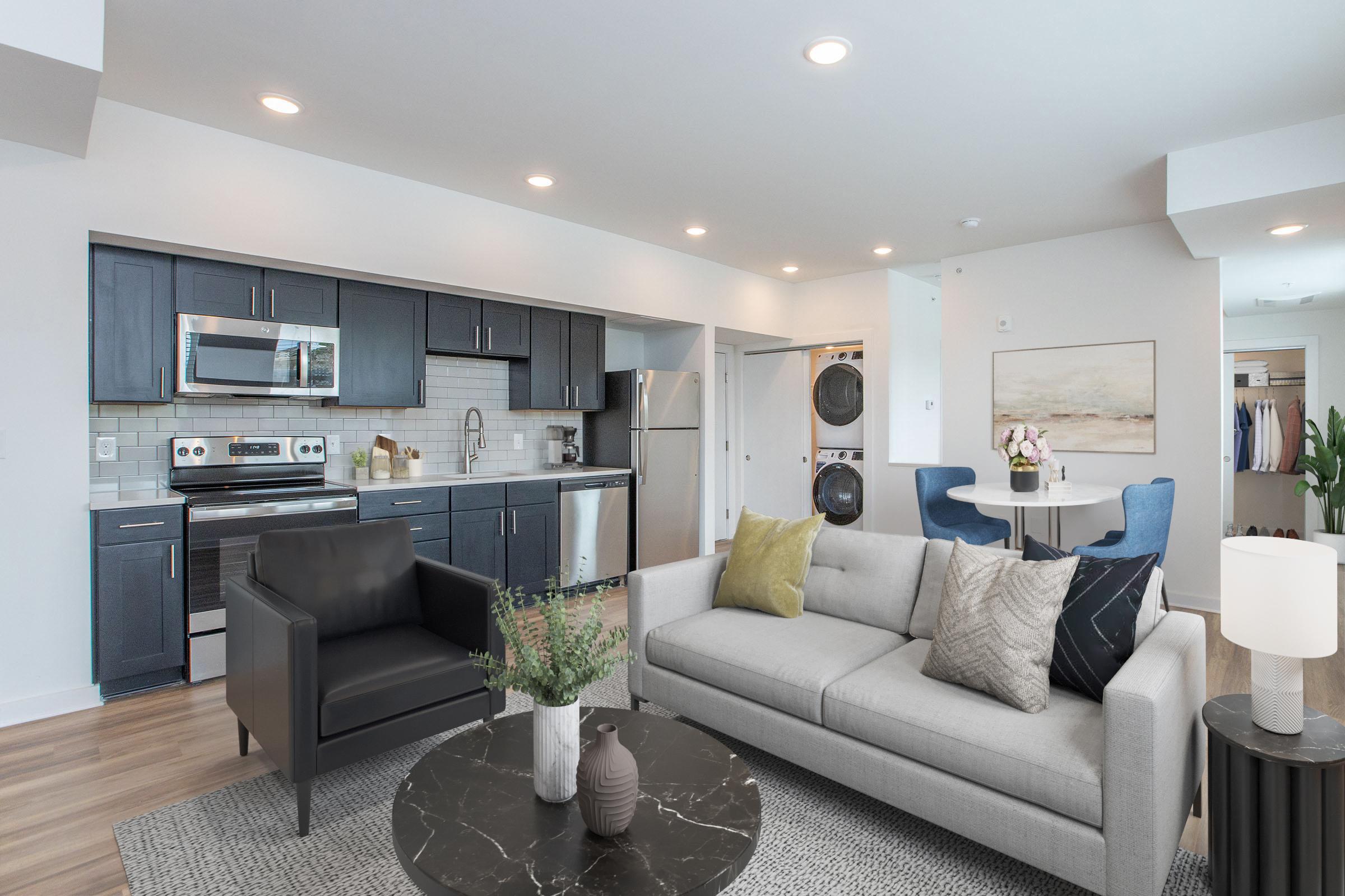 Modern living room and kitchen area featuring a gray sofa with decorative pillows, a black armchair, a round black coffee table with a plant, and a stylish lamp. Behind, there are stainless steel appliances, a dining table with blue chairs, and a laundry area with stacked washer and dryer units. Bright, open layout with natural light.
