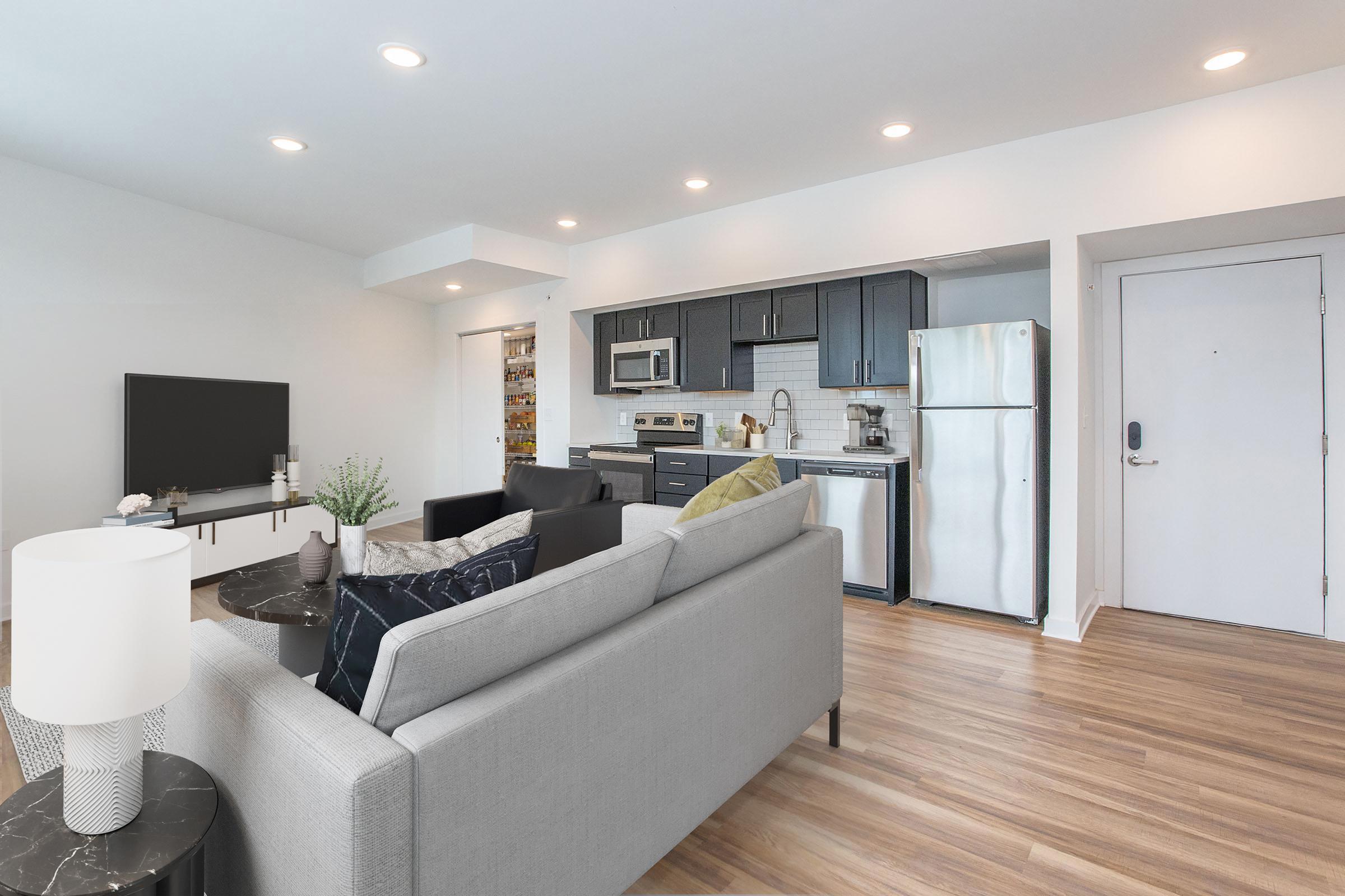 Modern living room and kitchen area in an apartment. Features a gray sofa with colorful pillows, a black TV stand with a television, and a white dining table lamp. The kitchen includes dark cabinets, stainless steel appliances, and a refrigerator. Bright, open space with wooden flooring and good natural light.
