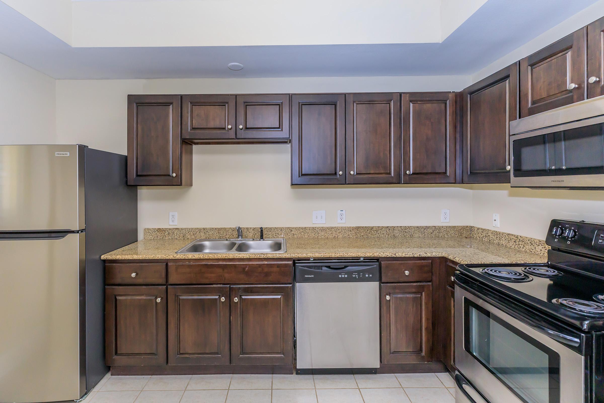 Bright kitchen featuring dark wood cabinets and stainless steel appliances. Includes a refrigerator, built-in dishwasher, and an electric stove with an oven. The countertop is made of light-colored granite, and the kitchen has a neutral beige wall color. A double sink is situated beneath the cabinets.