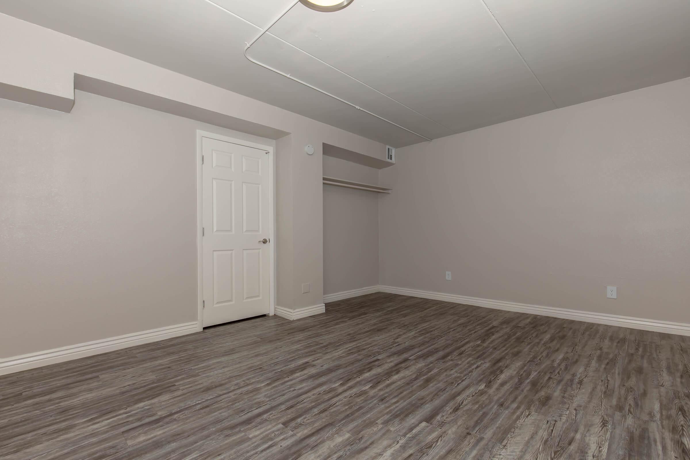 A vacant room with light purple walls, a white door, and closet space. The floor features light-colored wood-like laminate. There are no furnishings or decorations, emphasizing the room's spaciousness and potential for customization.