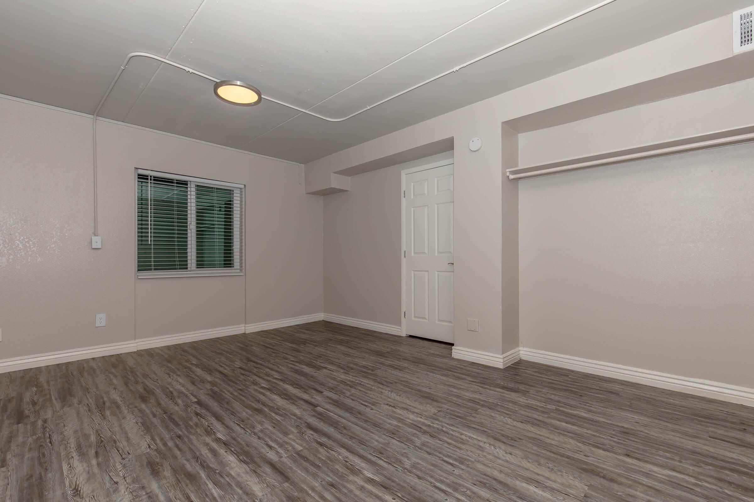 Empty room with light-colored walls, a light fixture on the ceiling, and a window with blinds. A door is on one side, and there is a small closet space visible. The flooring is a wood-like laminate. The overall atmosphere is clean and ready for furnishing.