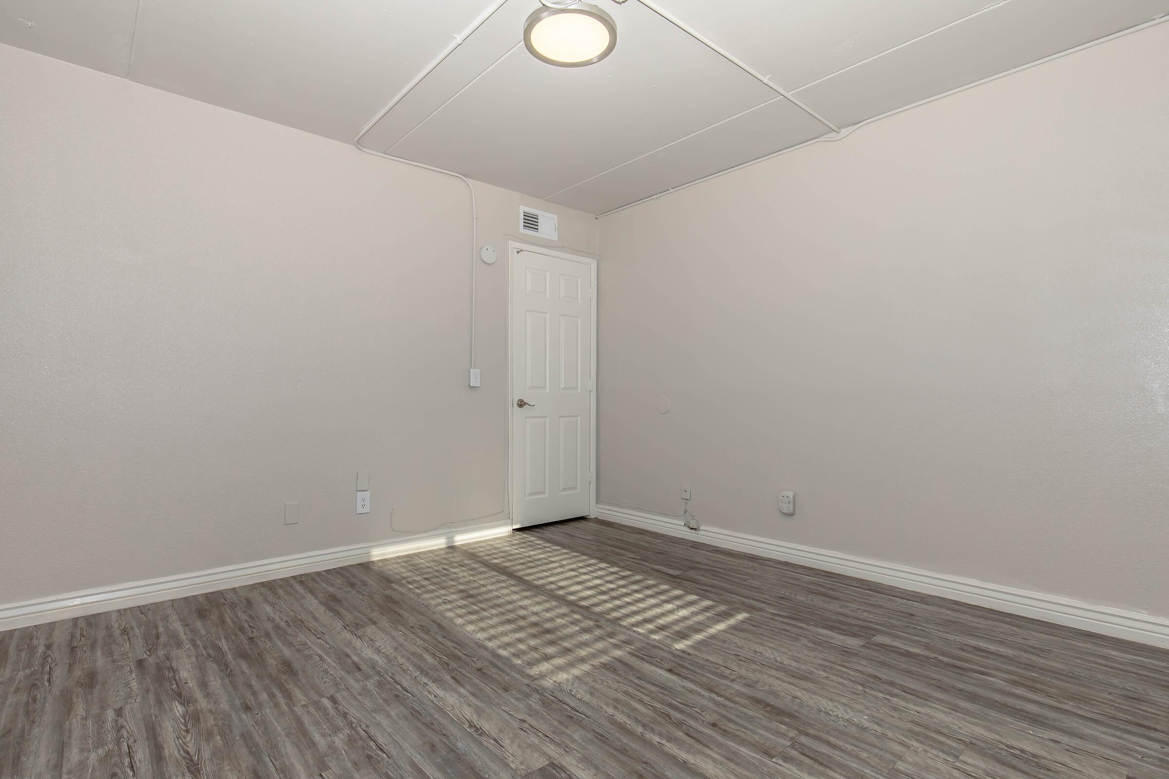 A bare room with light-colored walls and a wooden floor. There is a closed door on the right side and a ceiling light fixture. Sunlight casts shadows on the floor from the window. The space is empty, suggesting it's ready for furnishings or decoration.