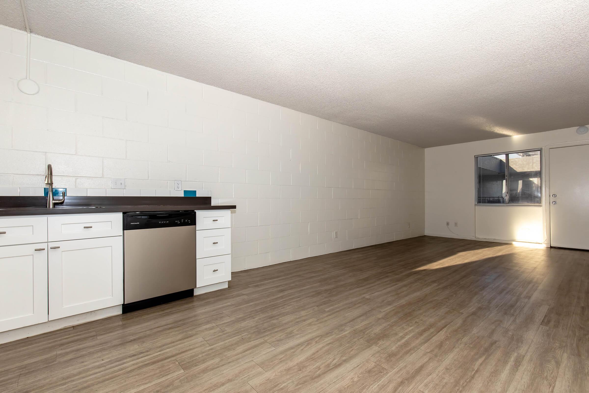 Modern apartment interior featuring a kitchen with white cabinetry, stainless steel dishwasher, and laminate flooring. The spacious living area has natural light from a window and a door leading outside, complemented by neutral walls and minimal decor.
