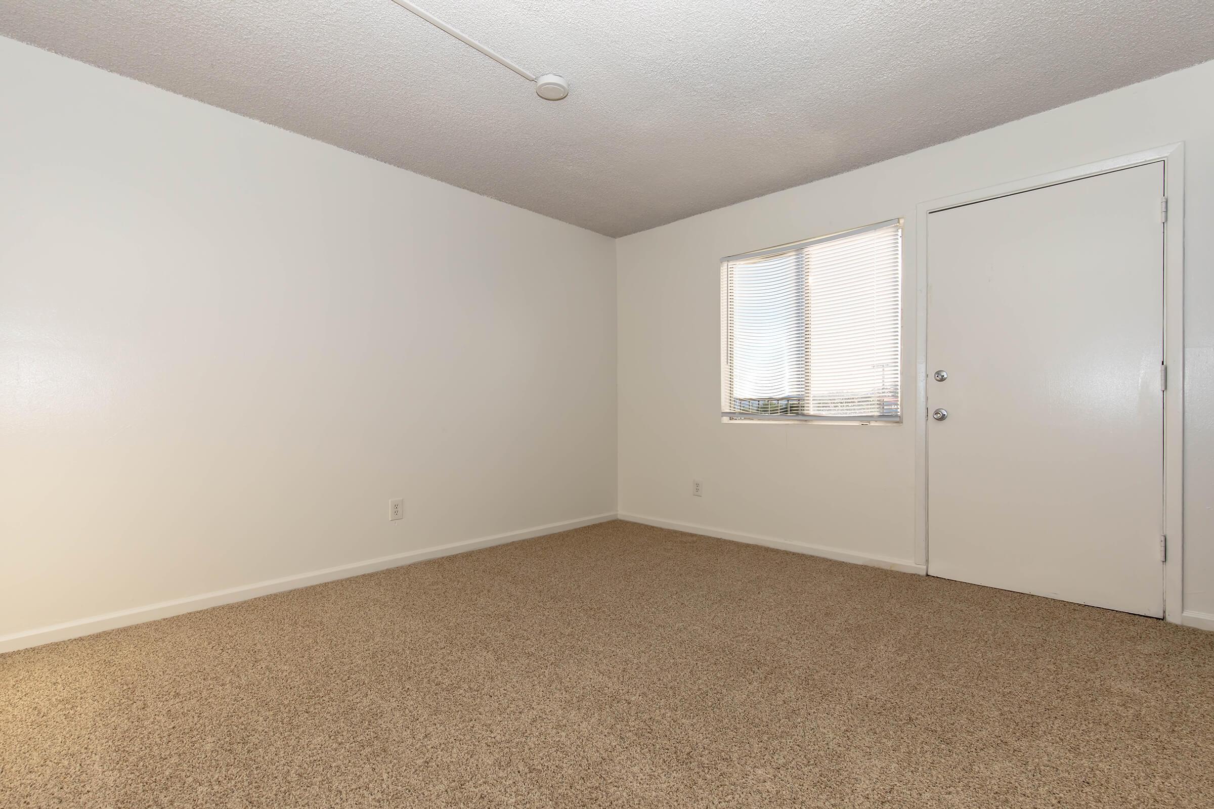 A spacious, empty room with light beige carpet and white walls. There is a window with blinds allowing natural light, and a plain door leading outside. The room is unfurnished, creating an open and minimalistic atmosphere.