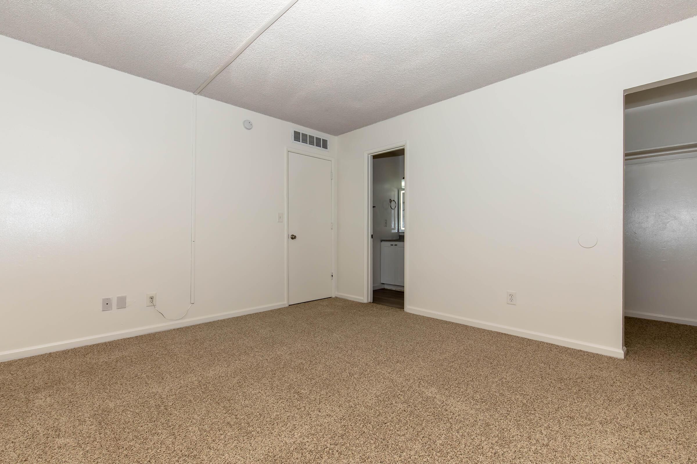 A vacant room featuring beige carpet, white walls, and a single door leading to another room. A small closet is visible in one corner. The space is well-lit, with no furniture present, providing an open and airy feel.