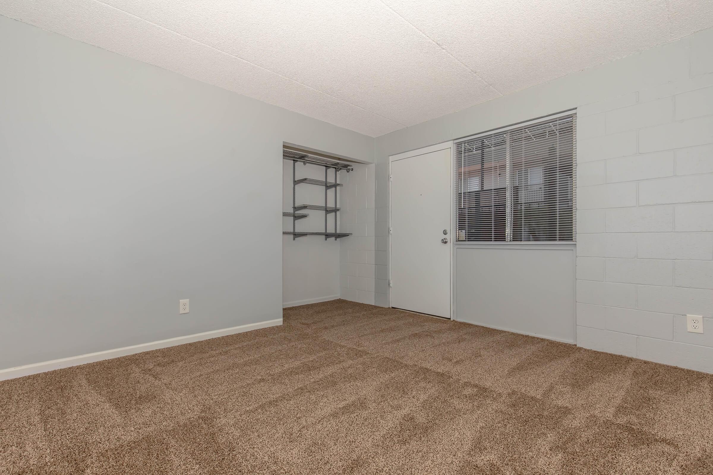 Empty room with light gray walls and plush beige carpet. A small closet with shelves is visible on the left side, and a door leads outside. A window on the right offers natural light but is covered with a minimalistic blind. The overall aesthetic is clean and simple, perfect for personalization.