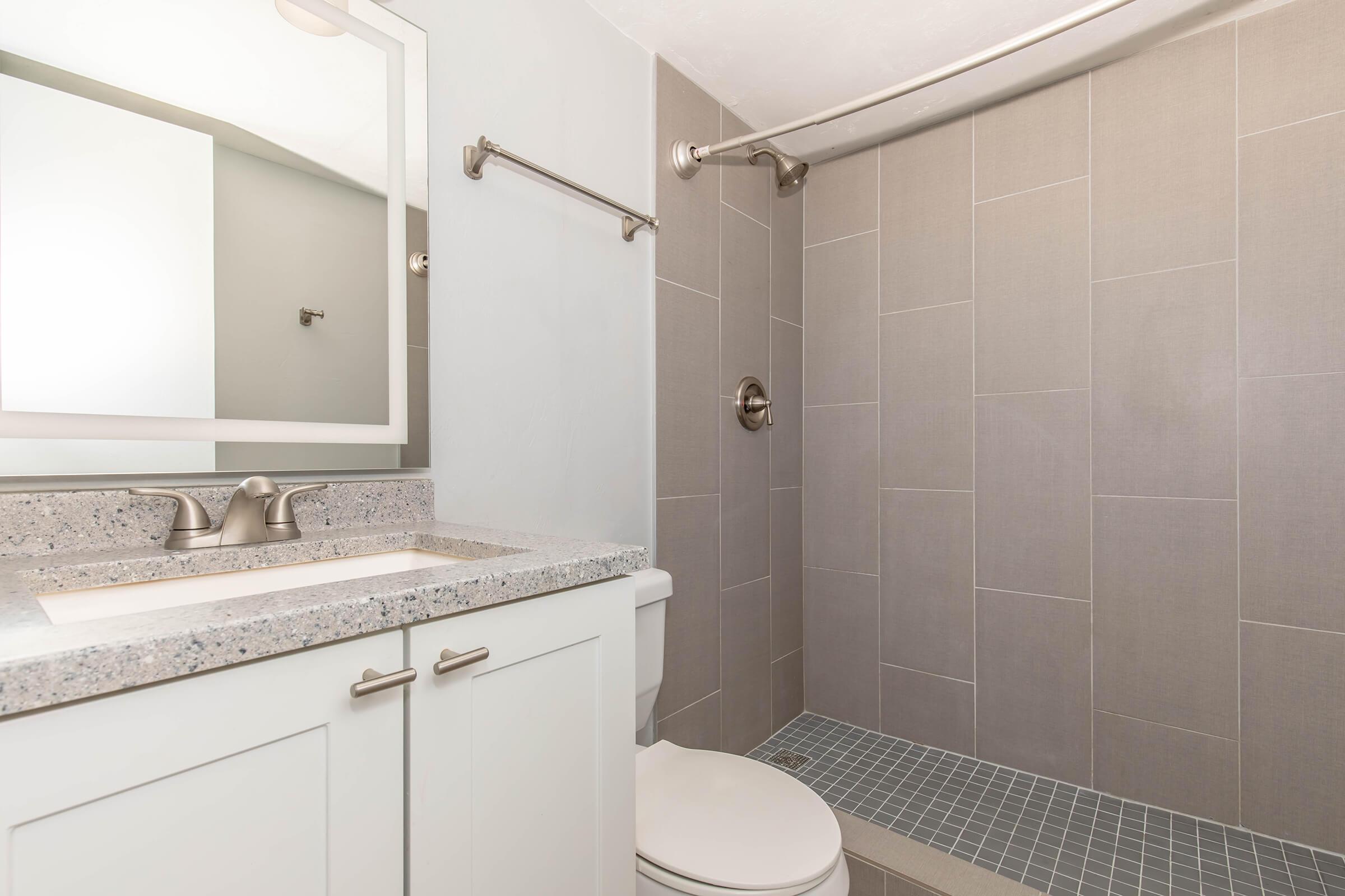 A modern bathroom featuring a shower with gray tiled walls, a shower rod, and a glass mirror above a white vanity with a granite countertop. A toilet is visible beside the vanity. The design is clean and contemporary, with neutral colors and minimalistic fixtures.