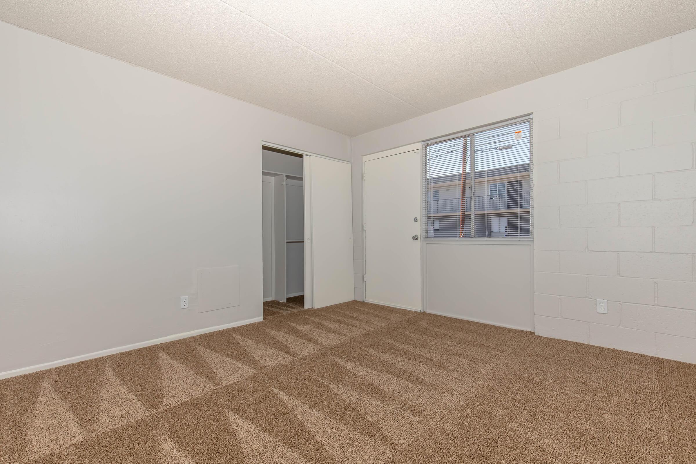 Empty room with light gray walls and beige carpet. A window on the right lets in natural light, while a door leads outside. There is an open closet with sliding doors to the left. The space appears clean and well-lit, suitable for various uses.
