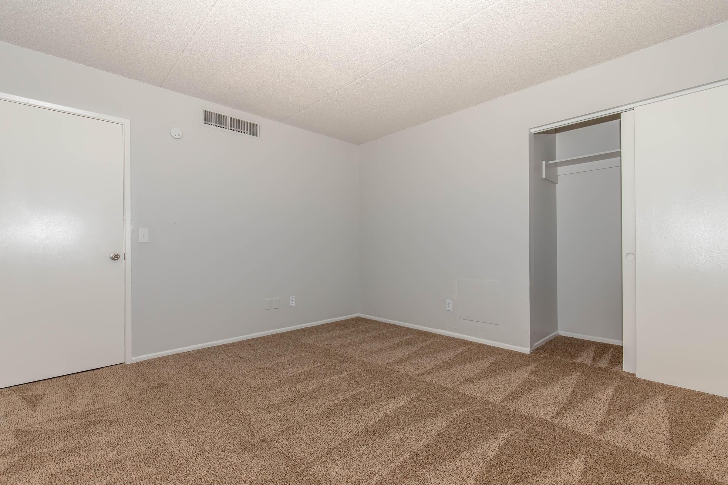 Empty room with light gray walls and beige carpet. One side features a closed door and a closet with an open sliding door. Natural light enters the space, highlighting the carpet texture. The room is spacious and uncluttered, ideal for various uses or decoration.