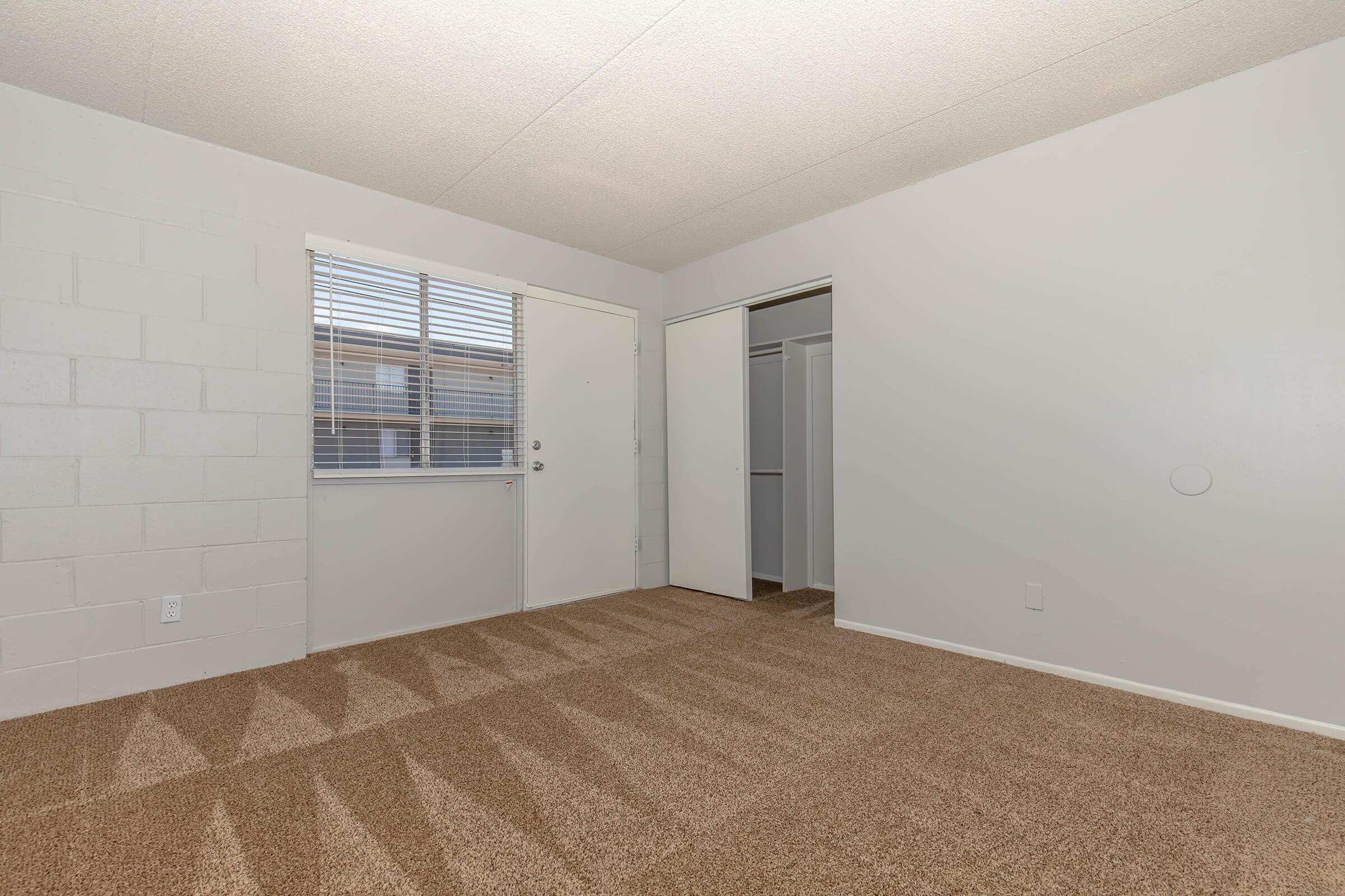 A spacious, empty room with beige carpeting, white walls, and a window with blinds. The room features a door leading outside, and a closet is visible to the right. Soft natural light illuminates the space, creating a bright and airy atmosphere.