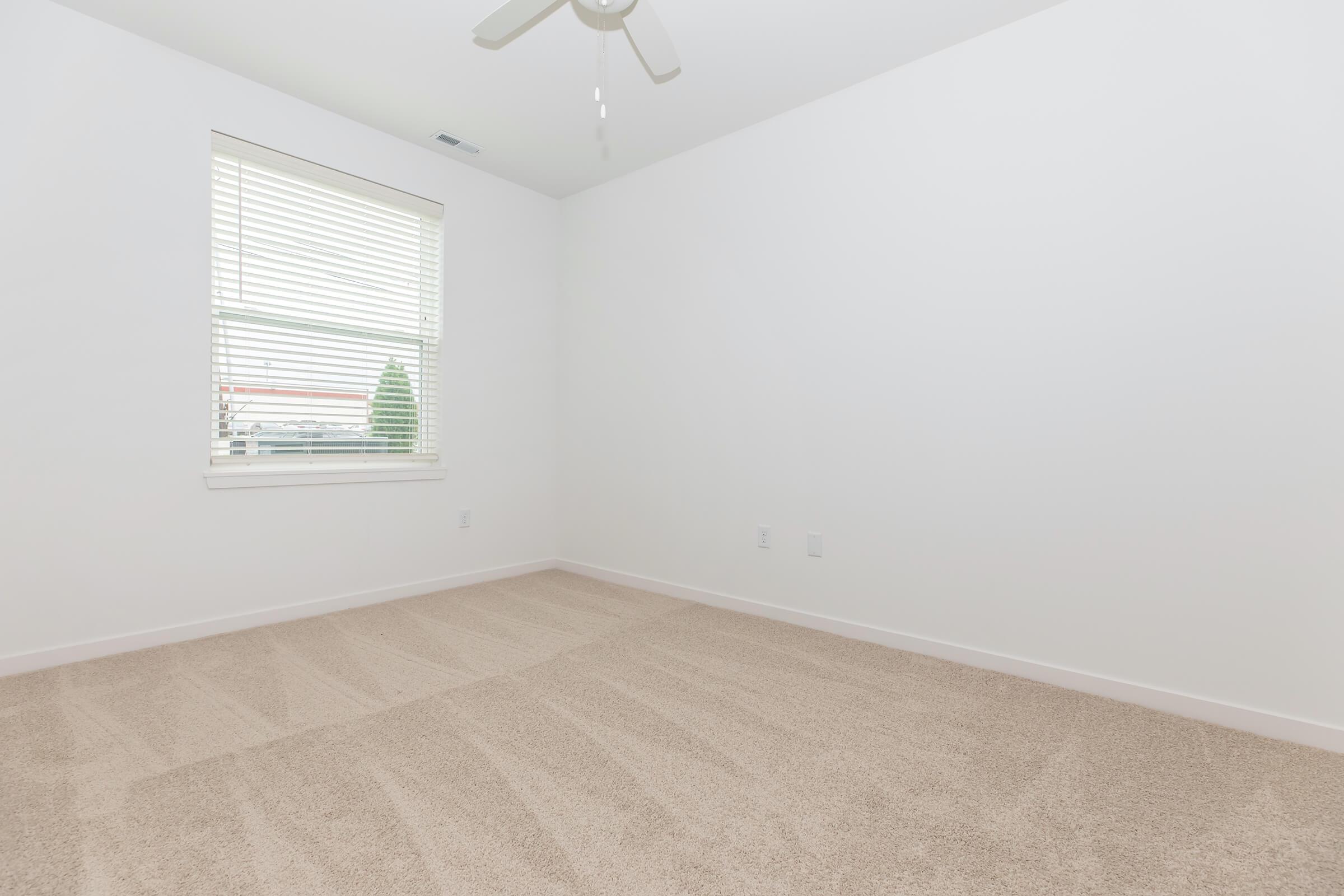 Empty room with light beige carpet, white walls, and a ceiling fan. A window with closed blinds provides natural light, and there is a hint of greenery visible outside. The space is uncluttered and bright, creating a minimalist and airy atmosphere.