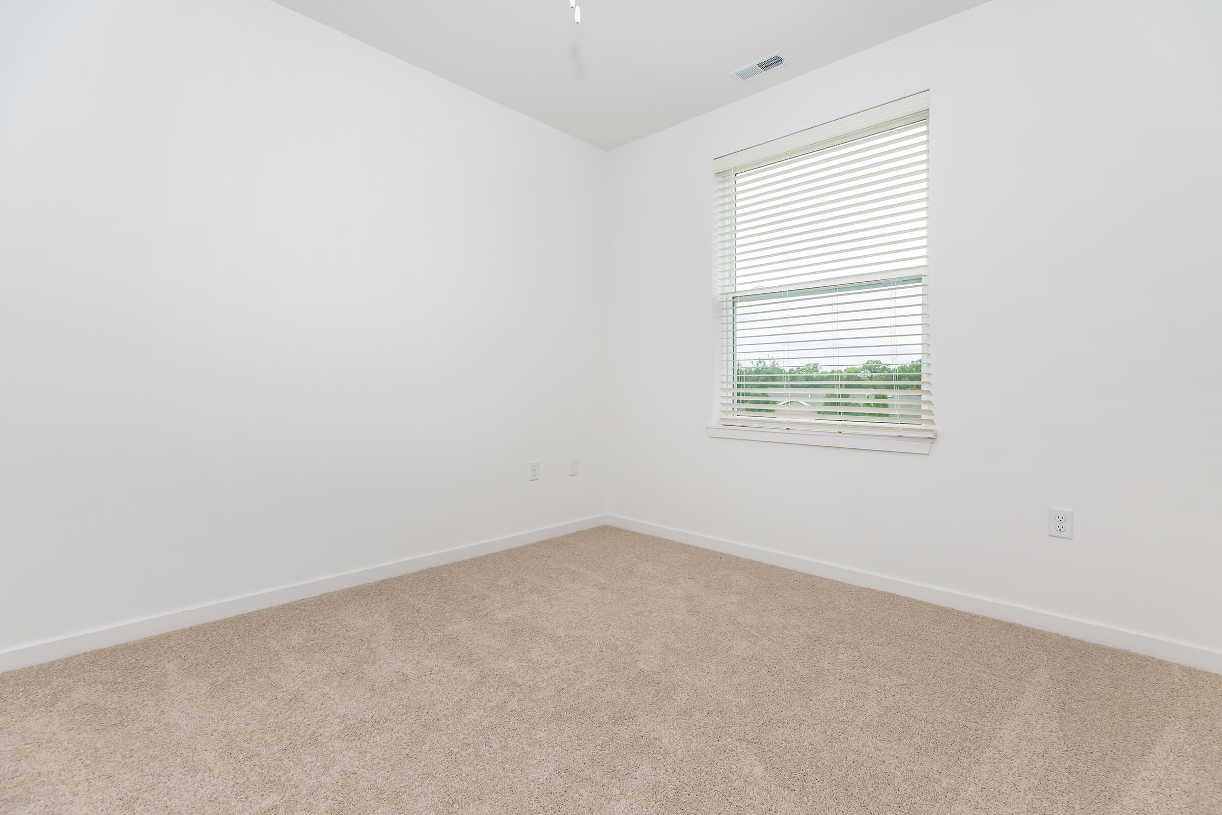 Empty room with light beige carpet and white walls. A single window with white blinds allows natural light to enter. The space is bare, creating a clean and minimalist atmosphere, suitable for various purposes.