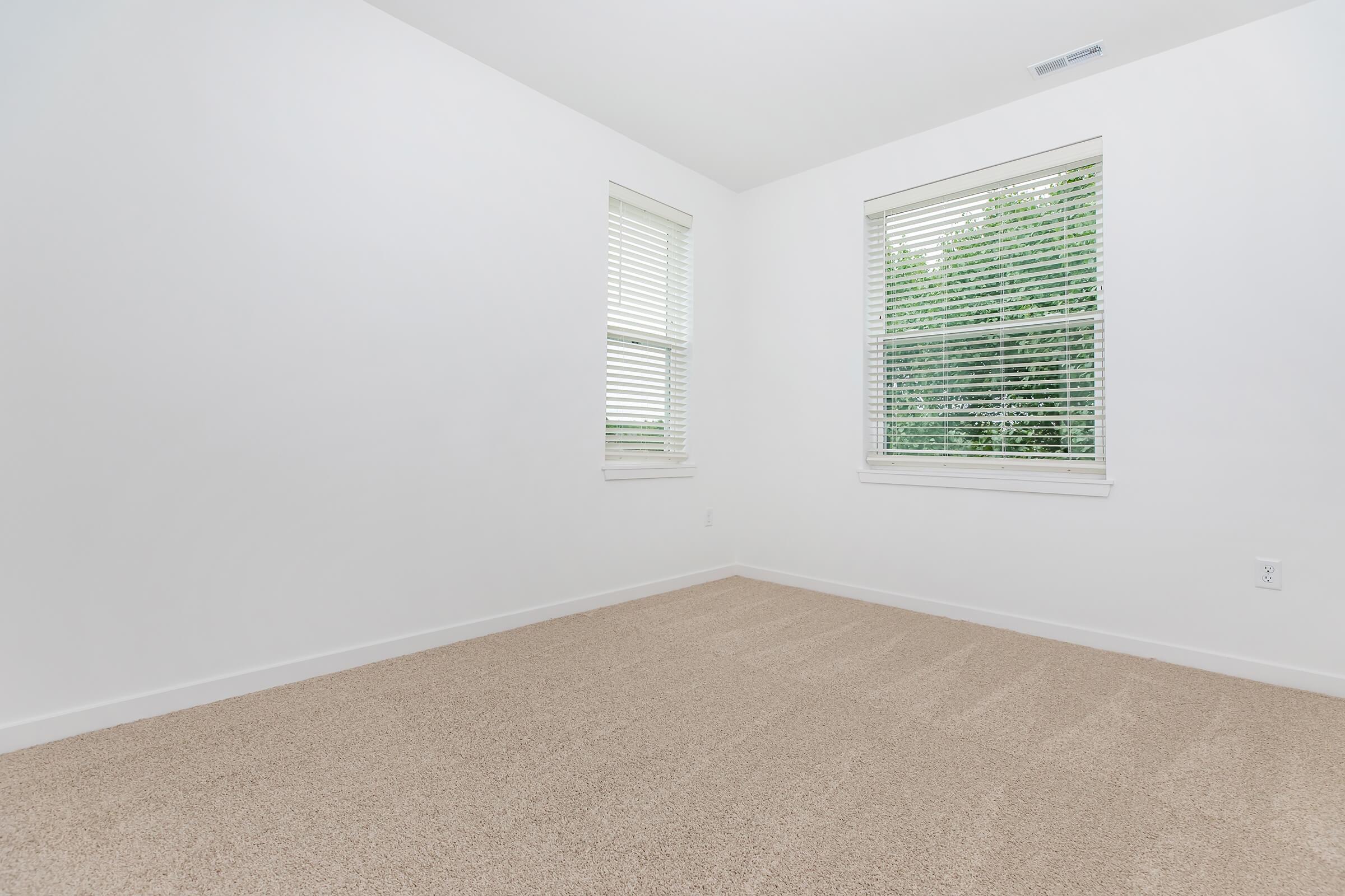 Empty room with light-colored carpet and white walls. Two windows with blinds allow natural light to enter. The room has minimal furnishings and a clean, modern look, creating a spacious and inviting atmosphere.