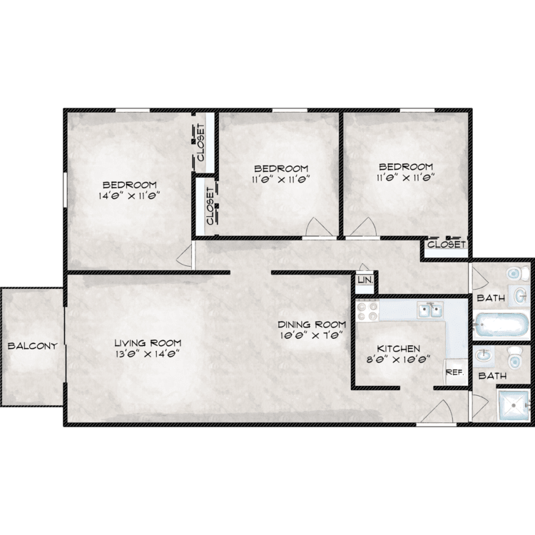 Three Bedroom Two Bath floor plan image
