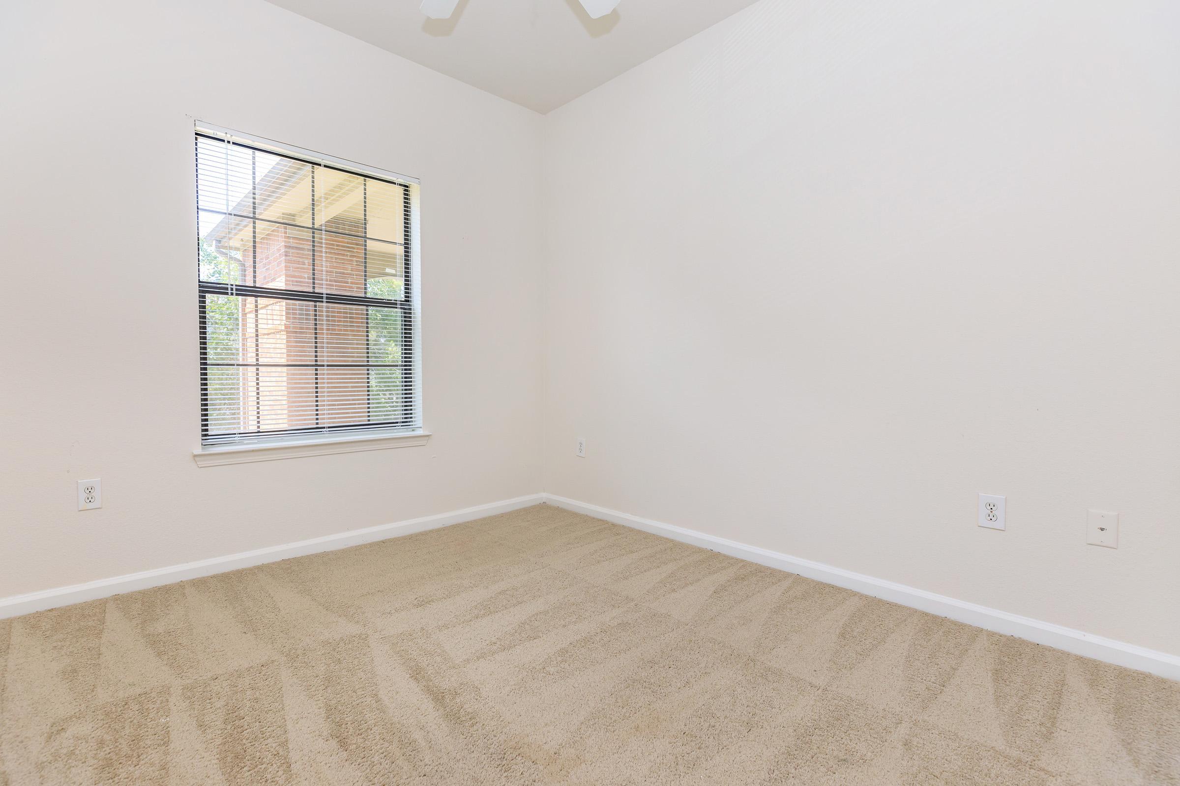 Empty room with light-colored walls and a beige carpet. There is a window with horizontal blinds allowing natural light to enter. The room has a minimalist design with no furniture or decorations, emphasizing the open space.