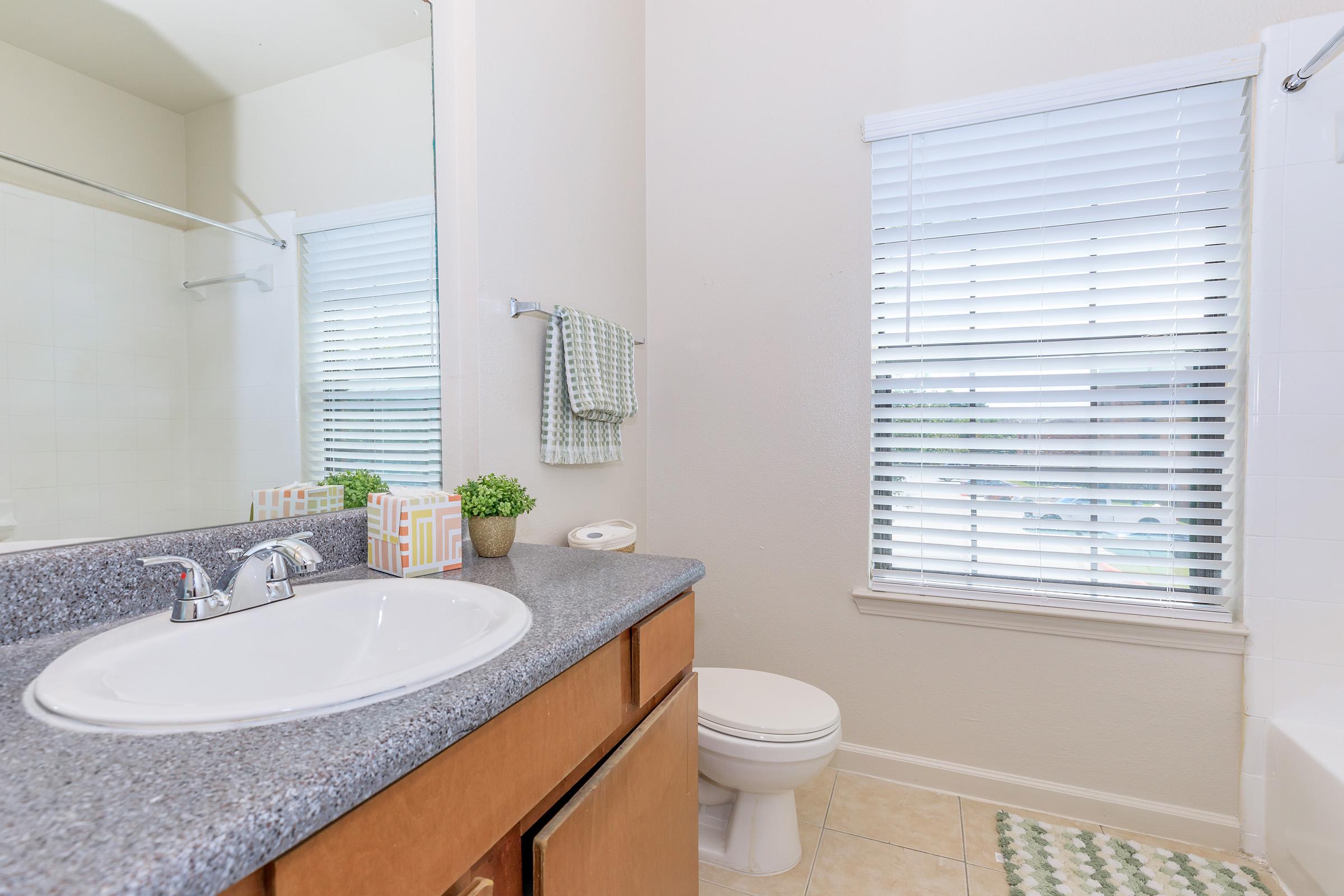 A clean and bright bathroom featuring a granite countertop with a sink, a large mirror, and a white bathtub. Natural light streams through a window with blinds. There is a small potted plant and neatly arranged toiletries on the counter. A towel bar with a folded towel is visible, along with beige tiles on the floor.