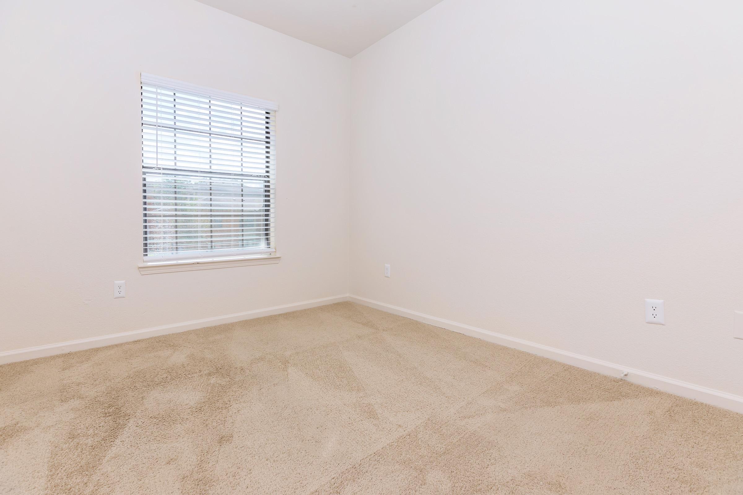 A light-colored, empty room with beige carpet and white walls. There's a window with blinds on one wall, allowing natural light to enter. The space appears clean and unfurnished, ideal for various uses such as a bedroom or office.