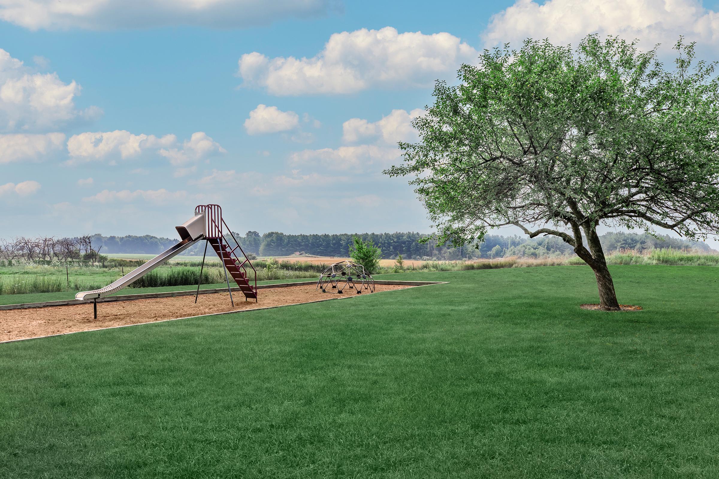 A serene playground scene featuring a red slide on a sandy area, surrounded by lush green grass. To the right, there's a mature tree with a full canopy. The background showcases a peaceful landscape with trees and a blue sky dotted with fluffy clouds.