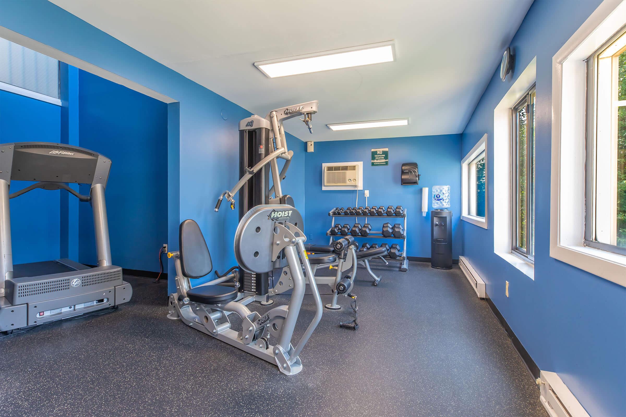 Fitness room featuring a treadmill, multi-gym weight machine, dumbbells, and an air conditioning unit. The walls are painted blue, and there are large windows allowing natural light to fill the space. The floor is covered in black rubber flooring, offering a modern and well-equipped workout environment.