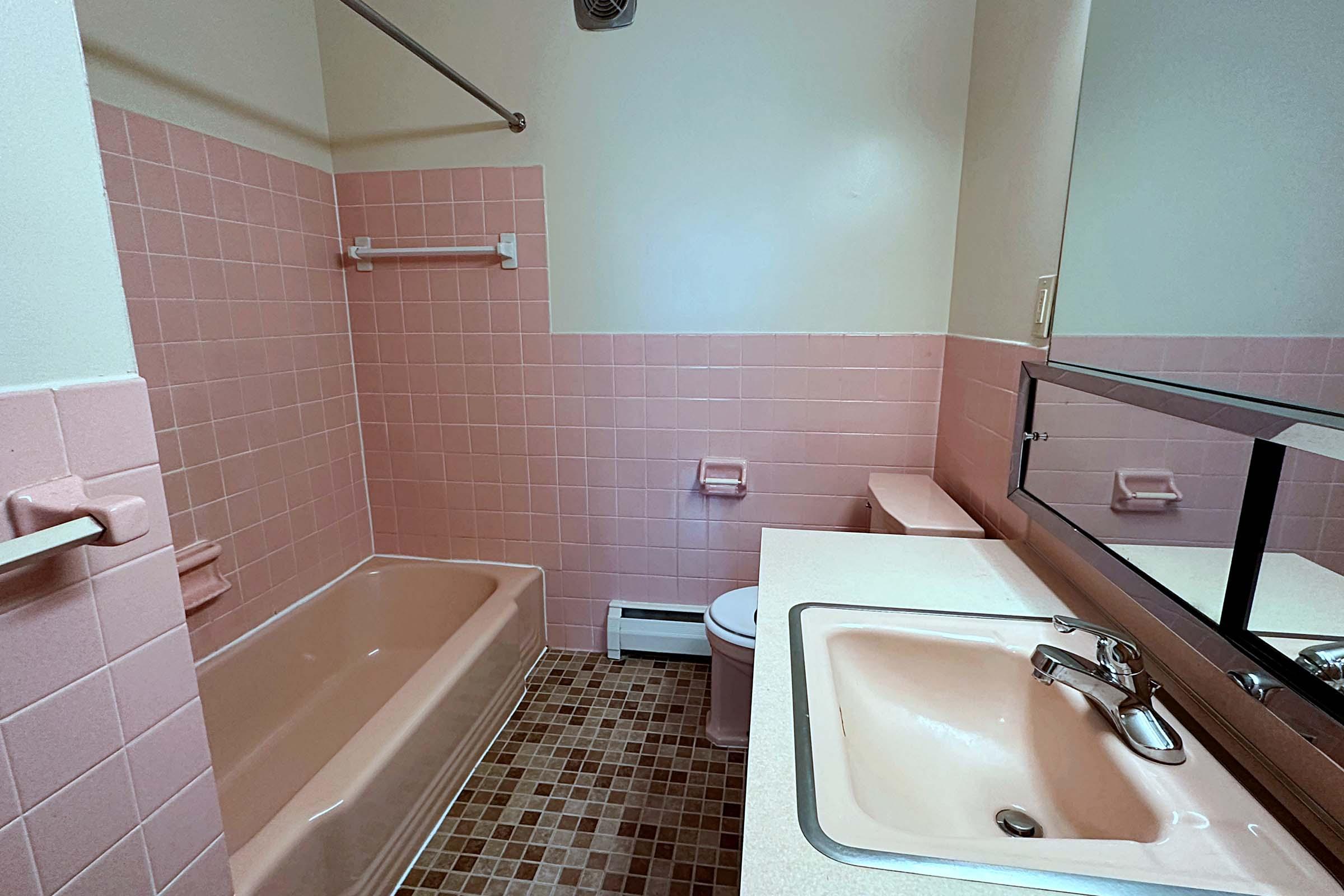 a close up of pink tub and sink