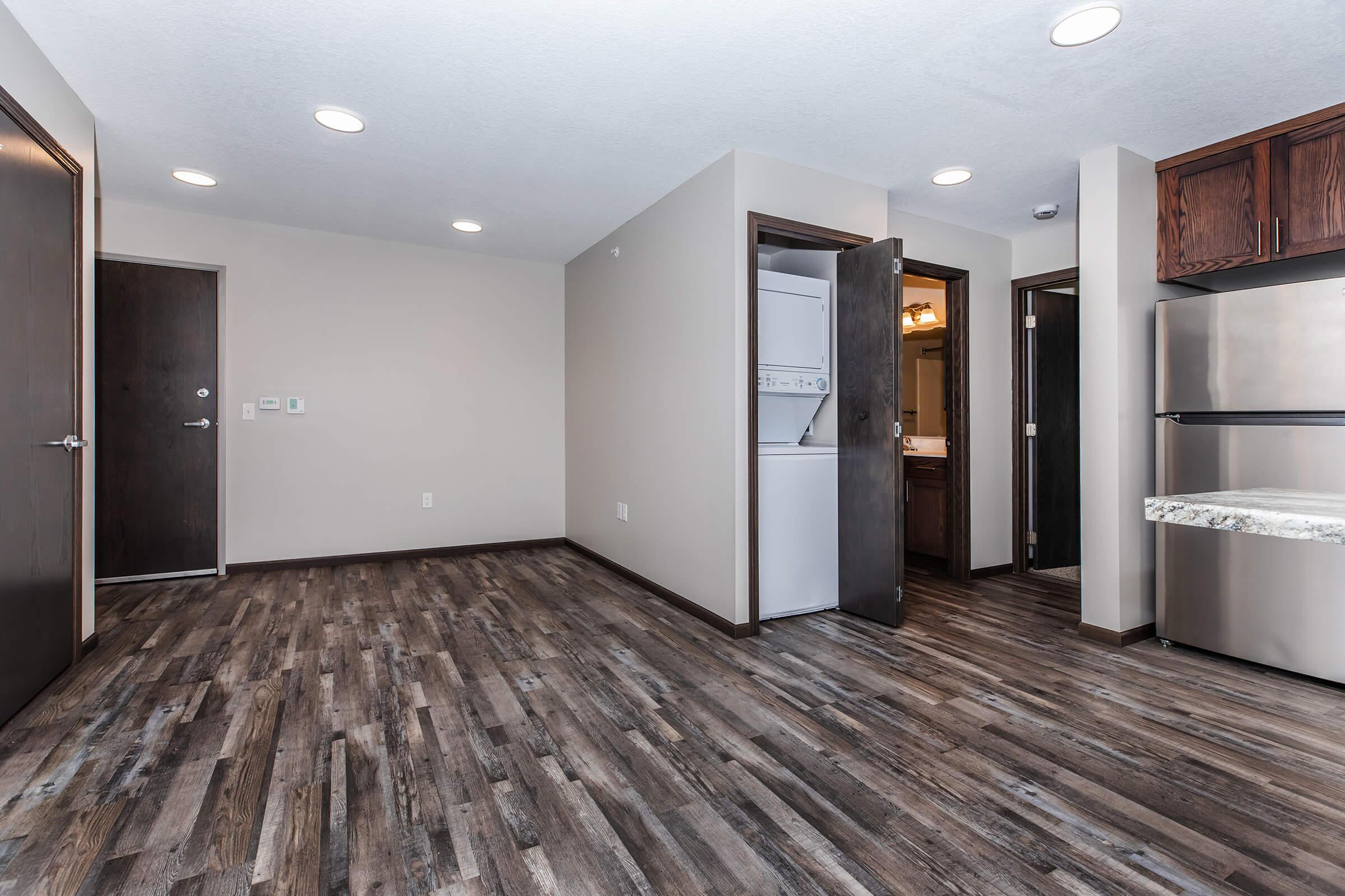 Interior of a modern apartment featuring an open layout with a living area, a door leading outside, and a laundry closet with appliances. The flooring is dark wood-like, and the walls are light-colored. A kitchen area with stainless steel appliances is visible in the background. Bright overhead lighting enhances the spacious feel.