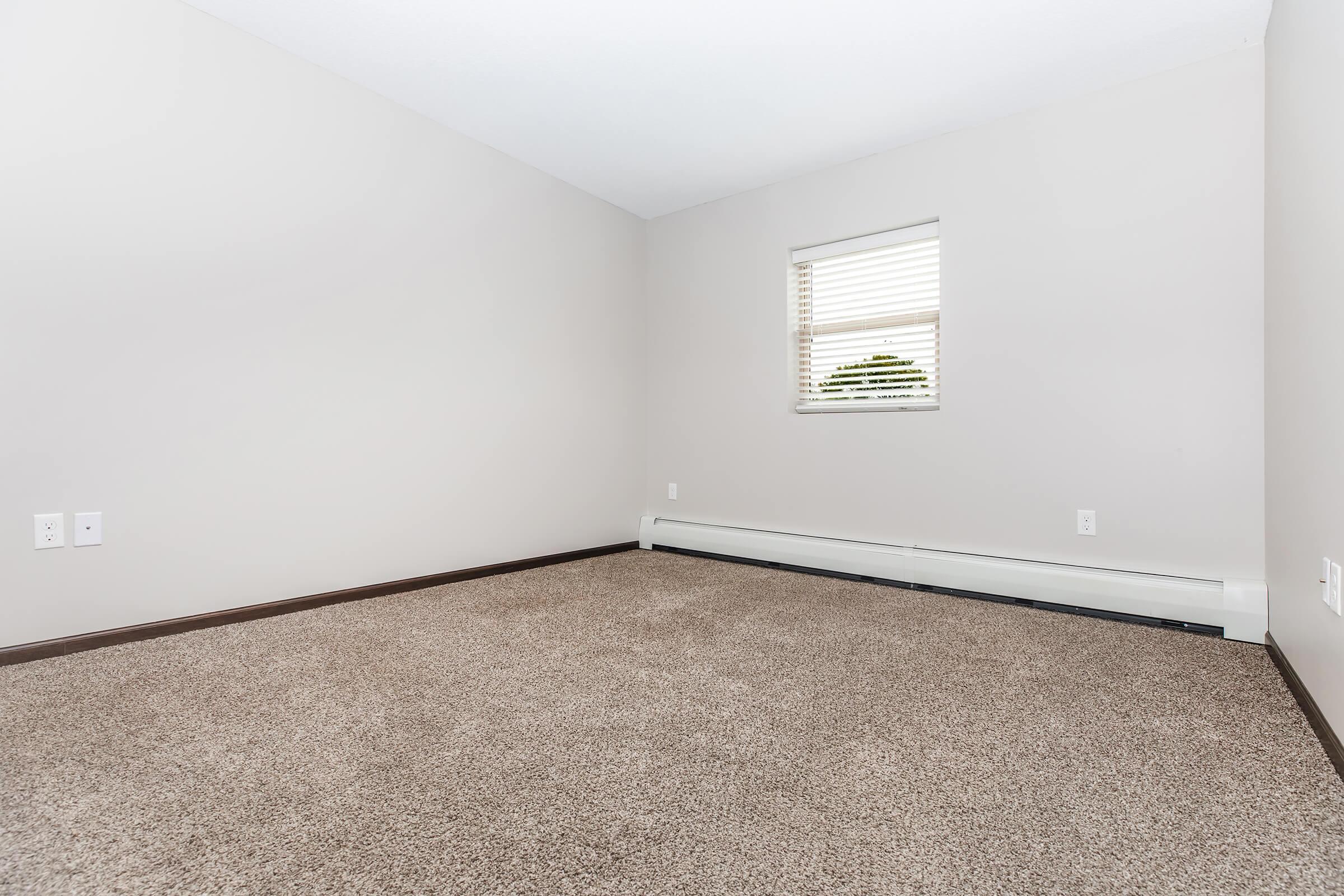 A spacious, empty room with light gray walls and a single small window. The floor is covered with beige carpet, and there is a baseboard heater along the wall. The room is well-lit, creating a bright and open atmosphere.