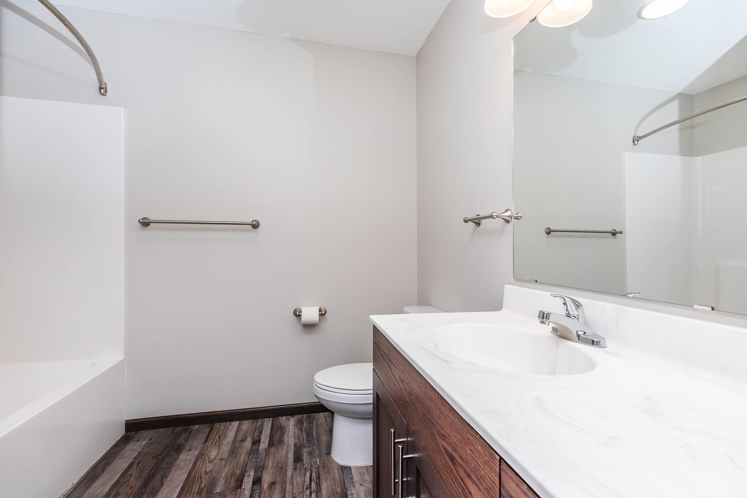 A modern bathroom featuring a white bathtub, a toilet, and a double sink vanity with a marble countertop. The walls are painted in a light color, and the flooring is wooden. There are grab bars installed near the bathtub and sink, along with overhead lighting.