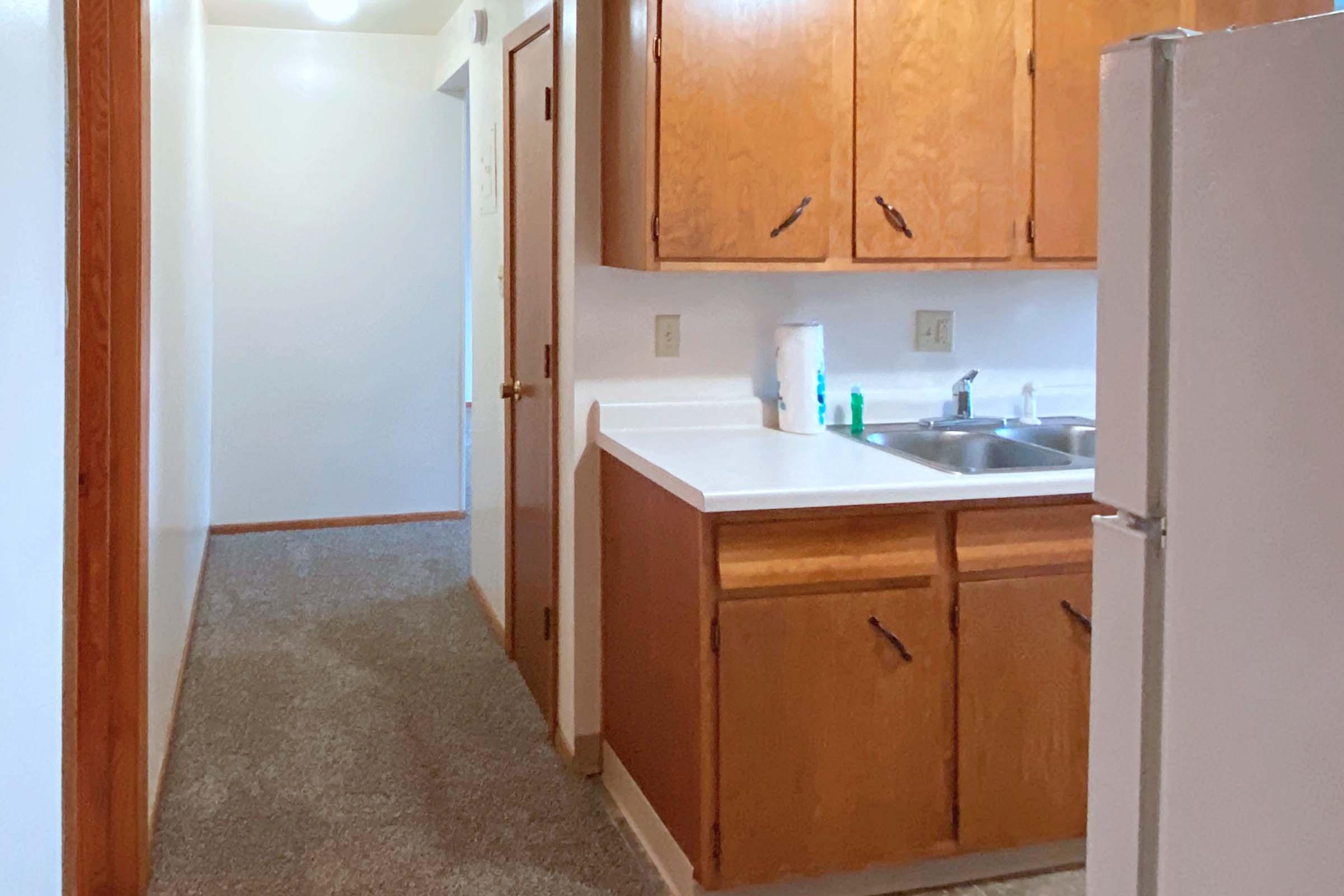 a kitchen with a sink and a refrigerator