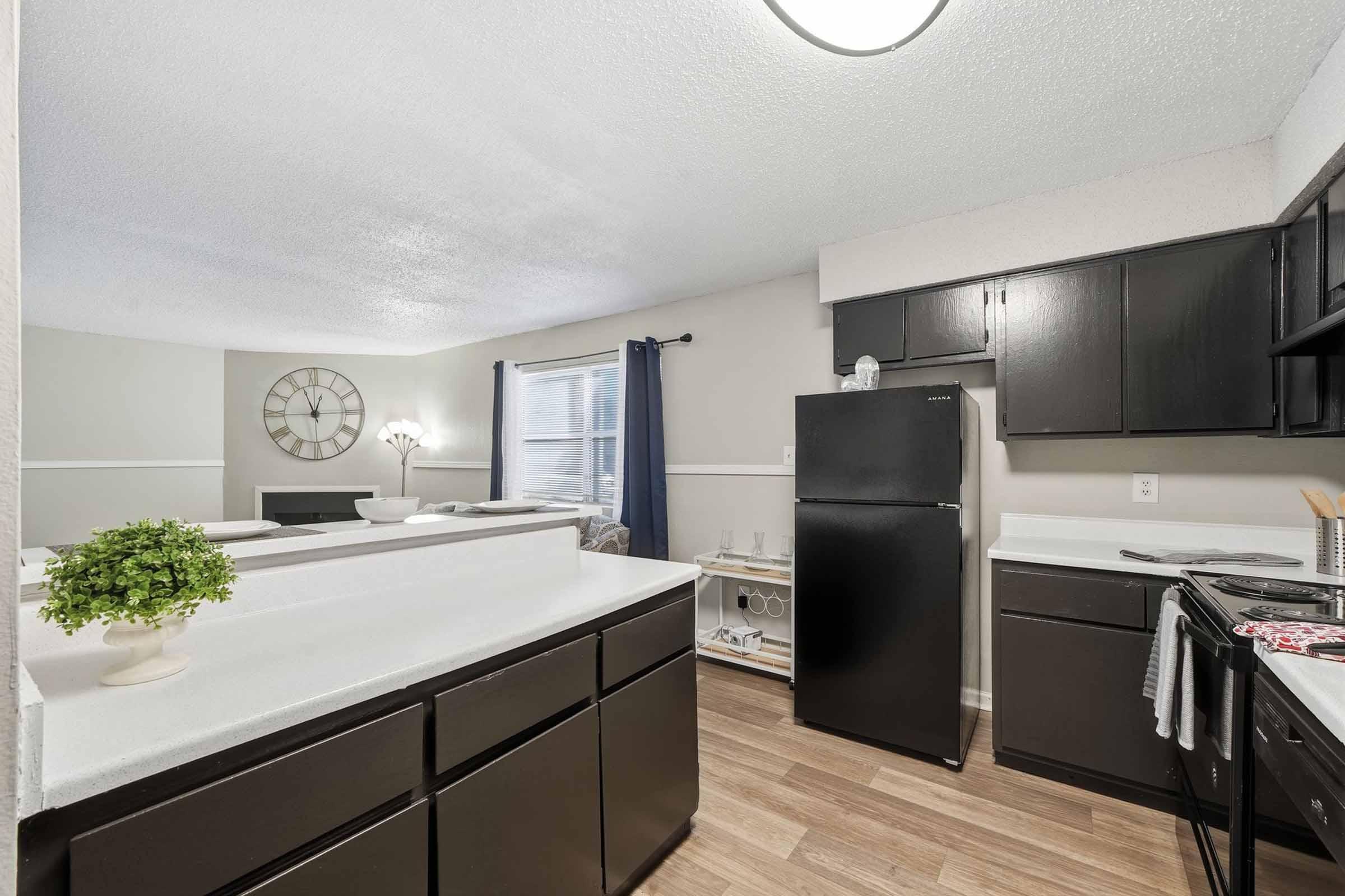 A modern kitchen featuring black cabinetry, a white countertop, and stainless steel appliances. The room includes a refrigerator, stove, and sink, with a plant as a decorative touch. Natural light comes from a window, and there's a clock on the wall, adding a sense of space and style.
