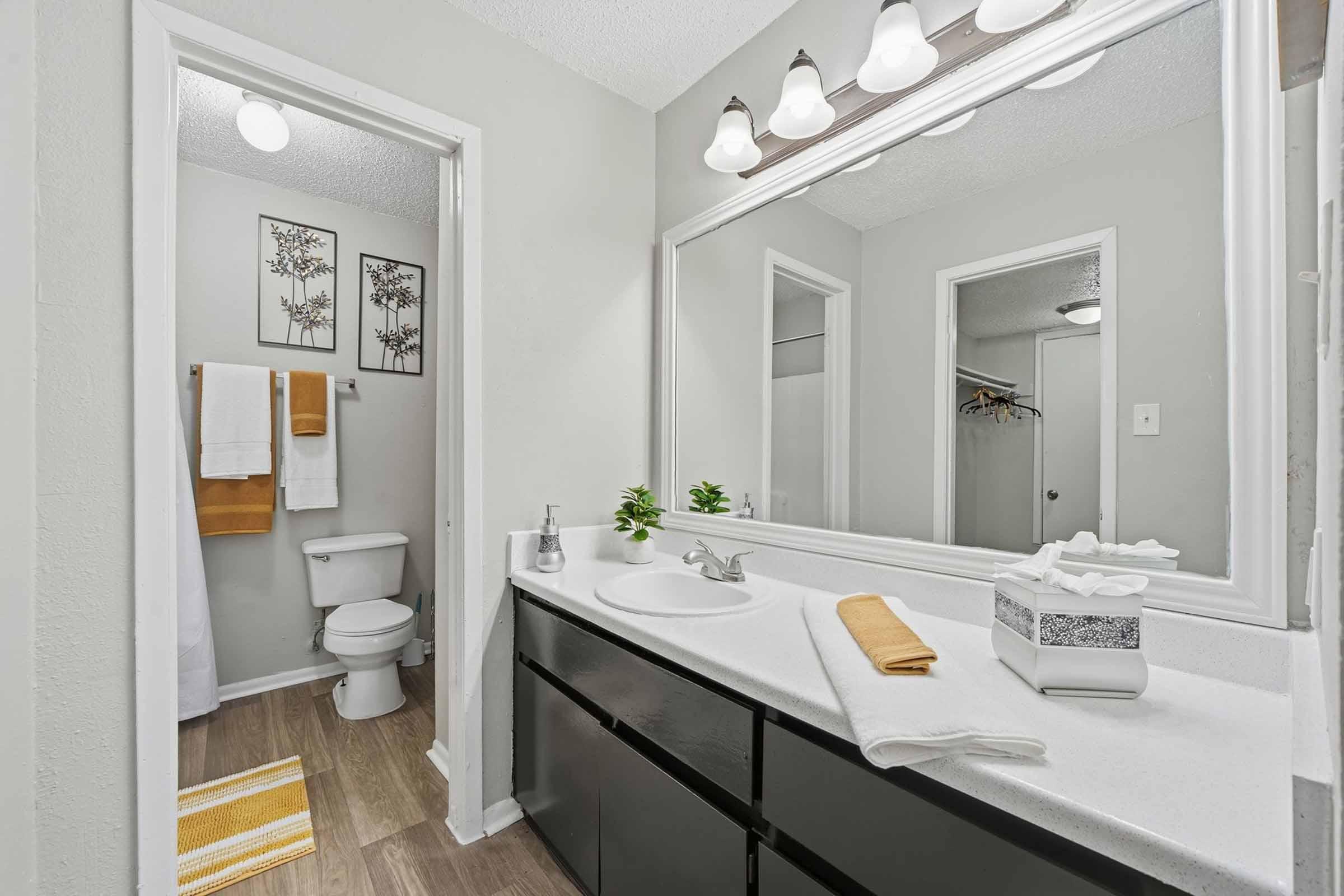 A modern bathroom featuring a white countertop with toiletries, a mirror above it, and a small plant. The walls are light gray, and there are framed wall decorations. A toilet and a shower are visible in the background, along with neatly hung towels in orange and white. The floor is wooden, and there’s a bright overhead light.