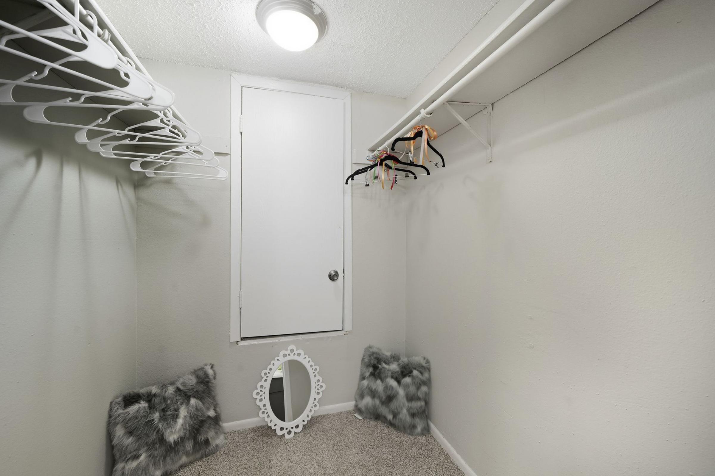 An empty closet featuring white wire shelves on one side, a door leading to another space, and a small round mirror on the floor next to two fluffy gray pillows. The walls are painted a light color, and the carpet is tan. The room is well-lit by a ceiling light fixture.