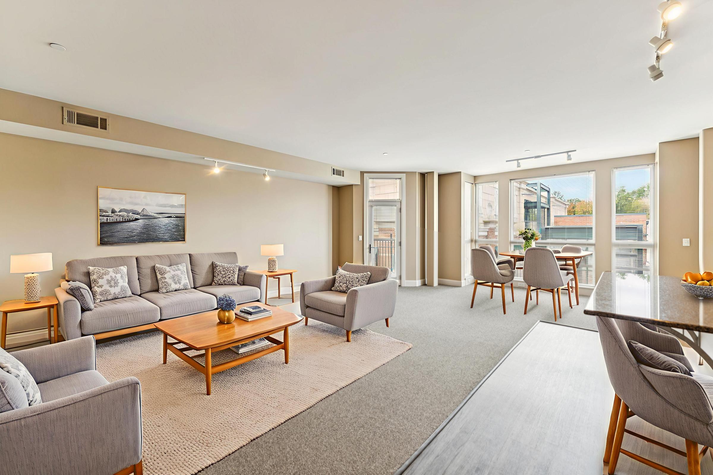 A spacious living area featuring modern furniture, including gray sofas, a coffee table, and lamps. Large windows allow natural light, illuminating a dining table with chairs in the background. The neutral color palette and minimalistic decor create a cozy atmosphere.