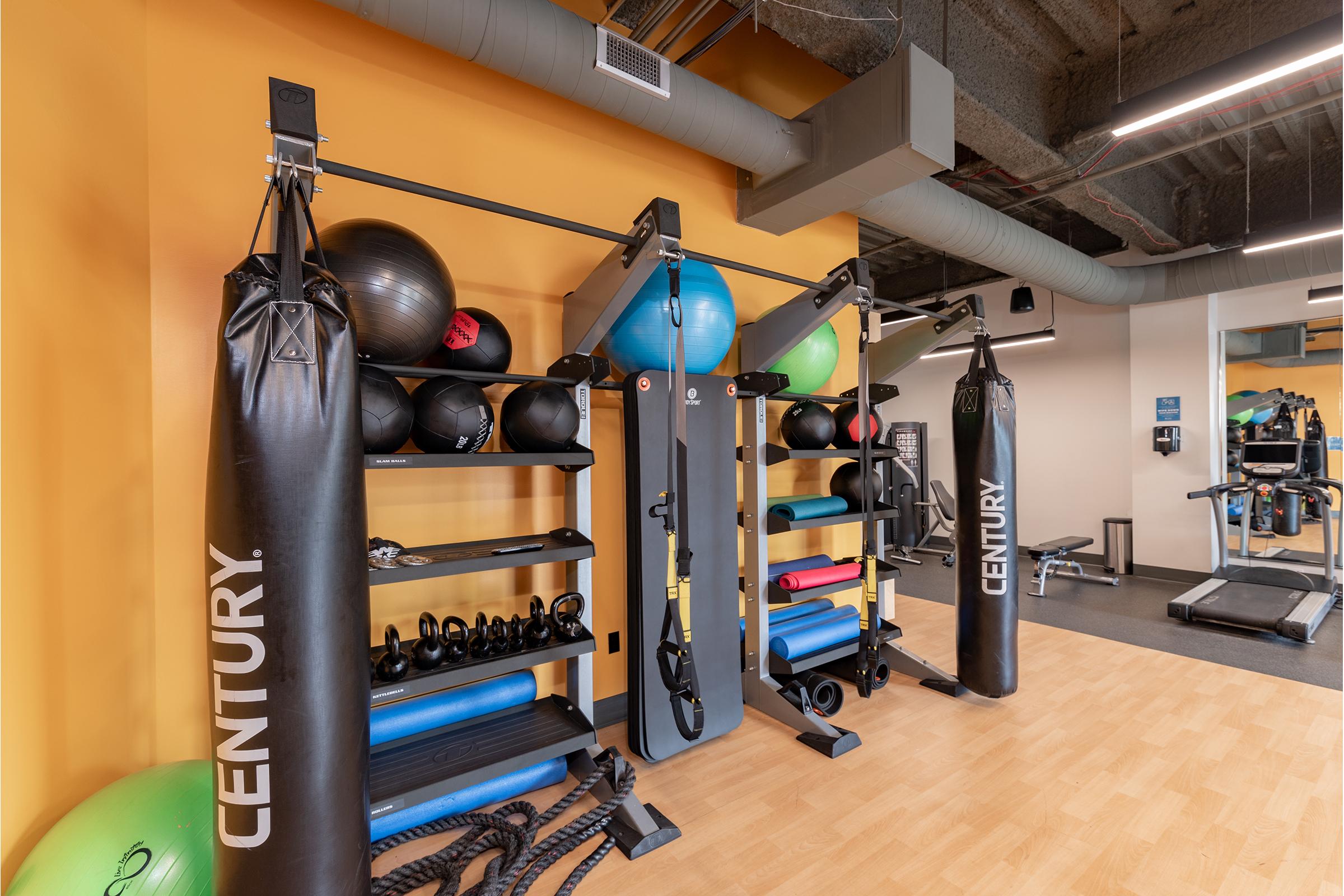 A well-equipped gym area featuring black punching bags, exercise balls, weights, and fitness equipment against a vibrant orange wall. The space includes a cable machine, mats, and various workout accessories, all organized for efficient training. Bright lighting enhances the workout environment.